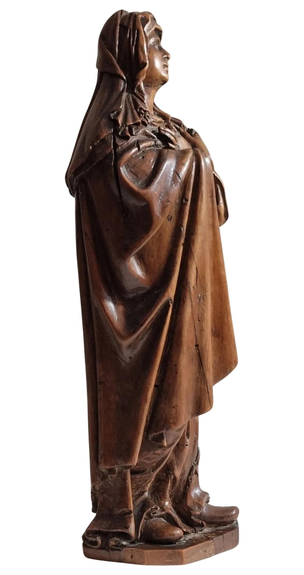 Wood 17th Century Carved Applewood Sculpture of the Lady of Sorrow For Sale