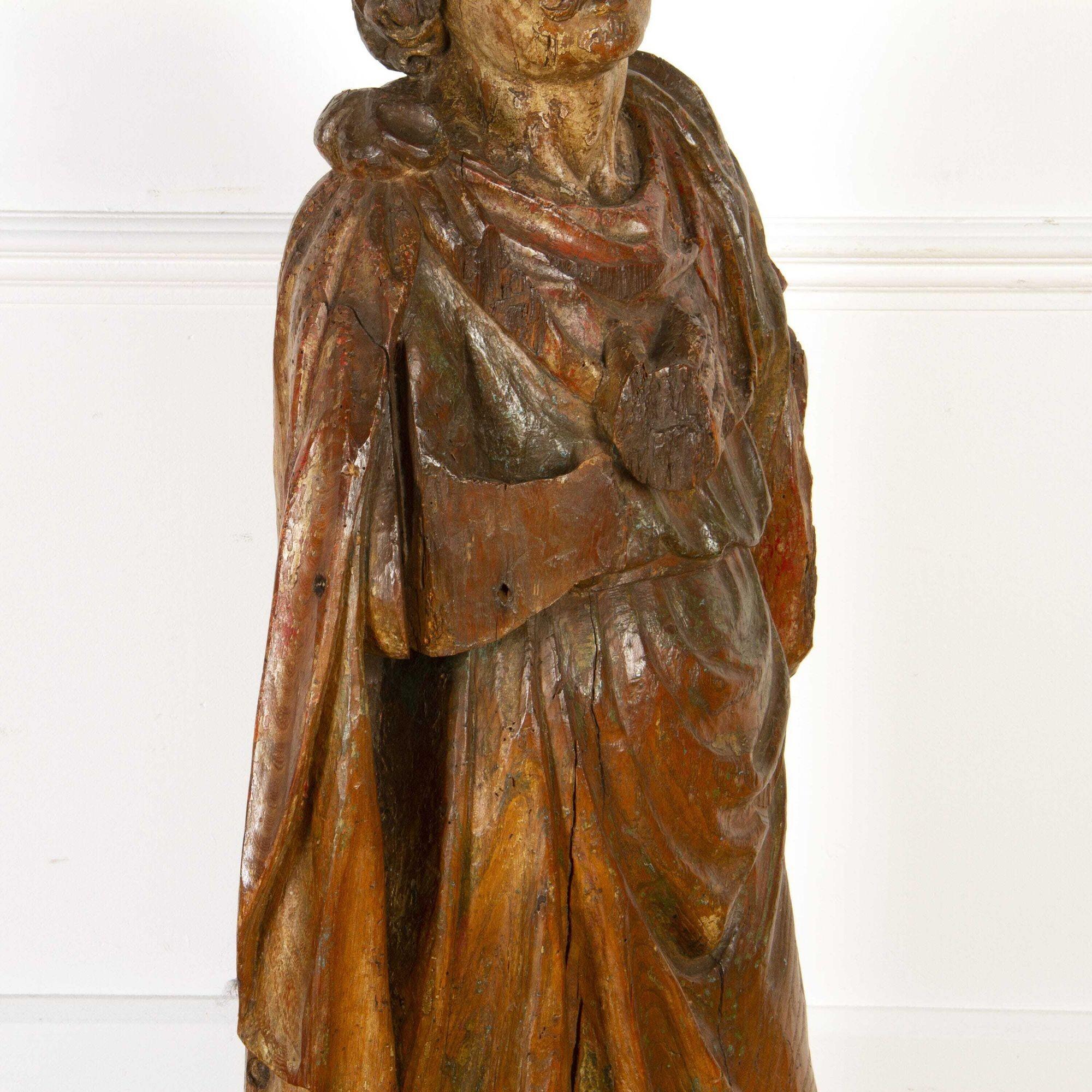 German 17th Century Carved Figure of a Saint For Sale