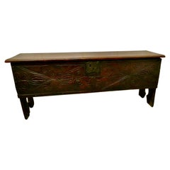 Antique 17th Century Carved Oak 6 Plank Sword Chest