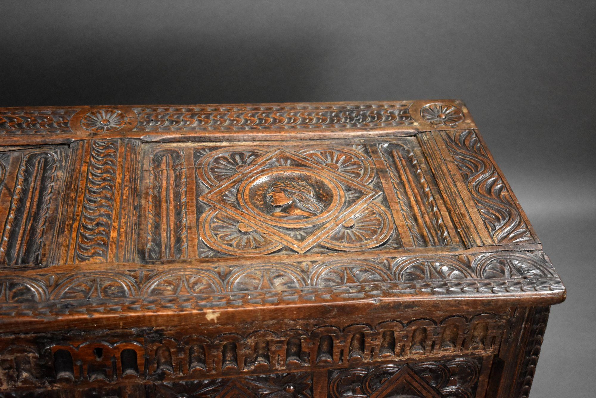 17th Century Carved Oak Coffer For Sale 5