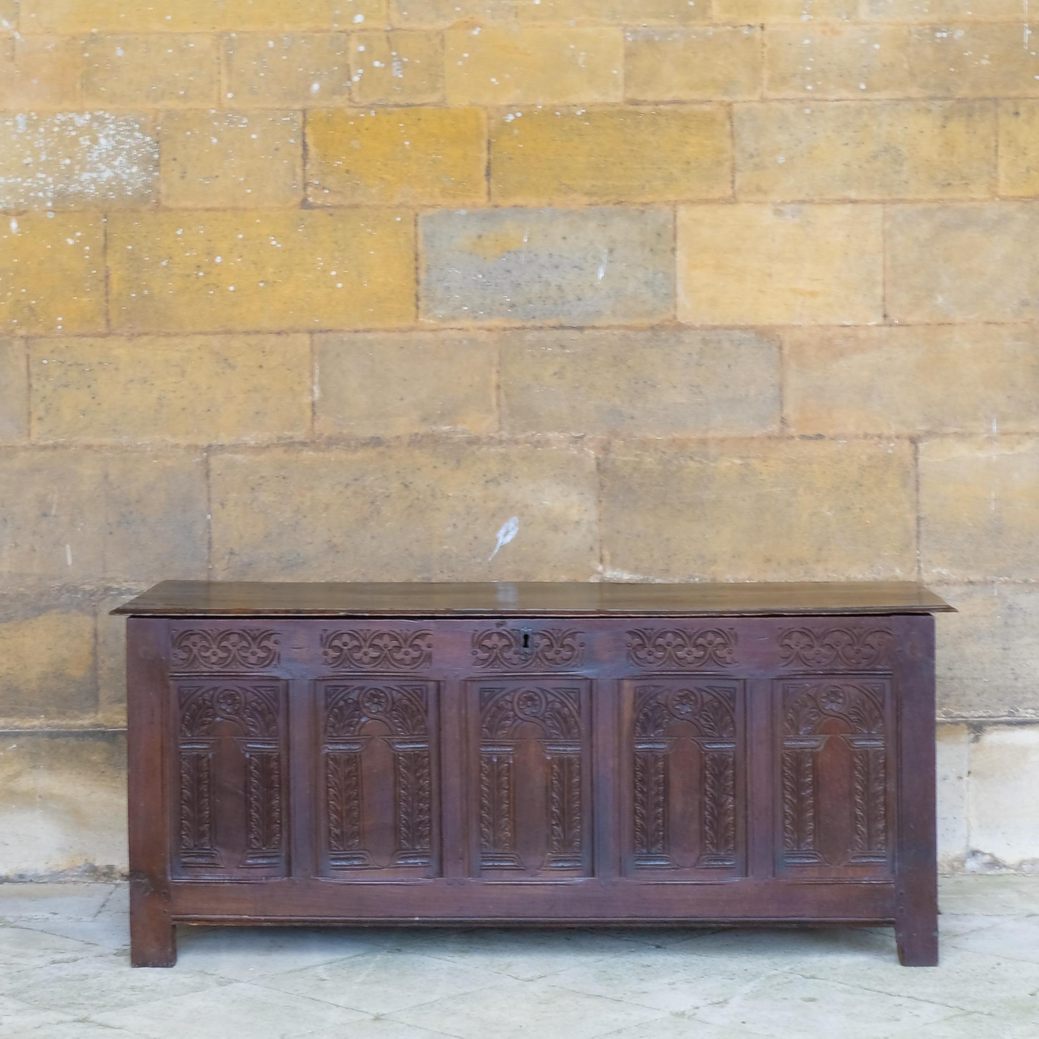 British 17th Century Carved Oak Coffer For Sale