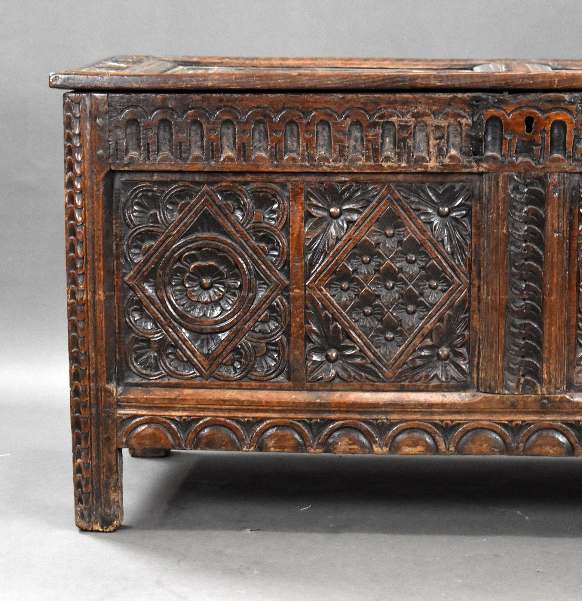 17th Century Carved Oak Coffer For Sale 1