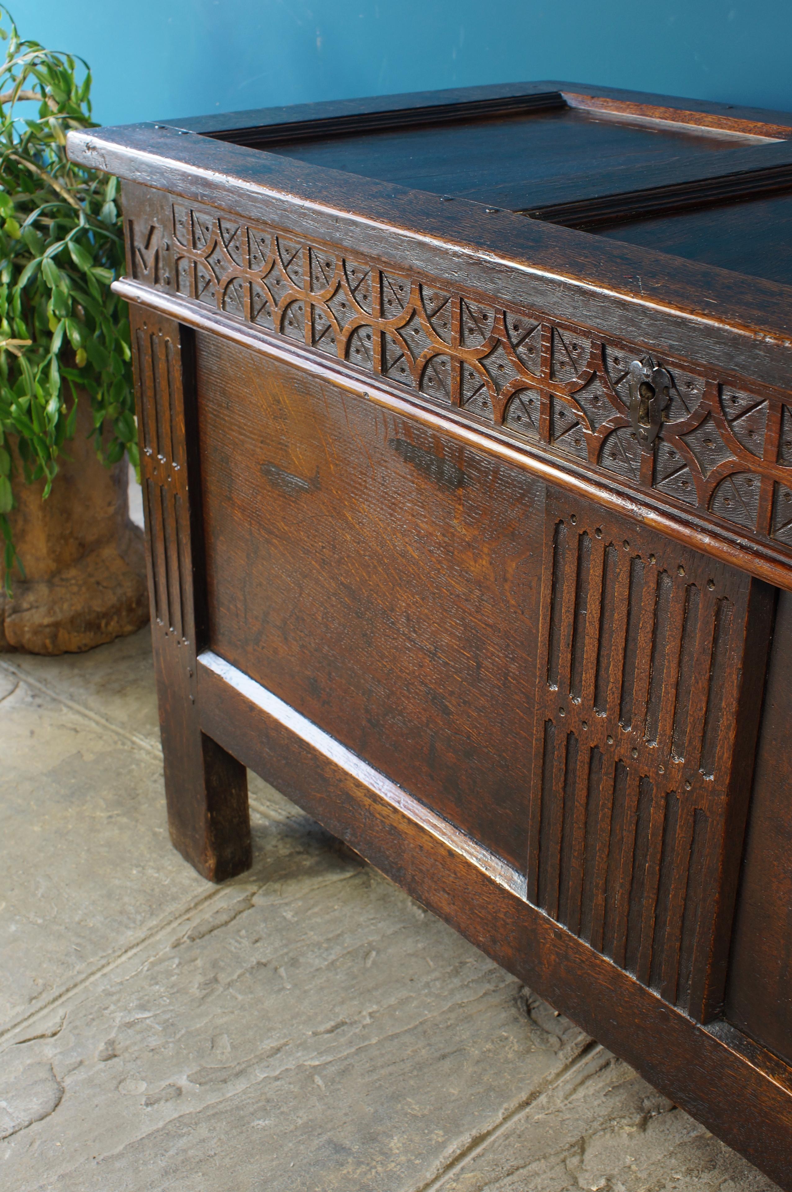 17th Century Carved Oak Coffer of an excellent colour. For Sale 4