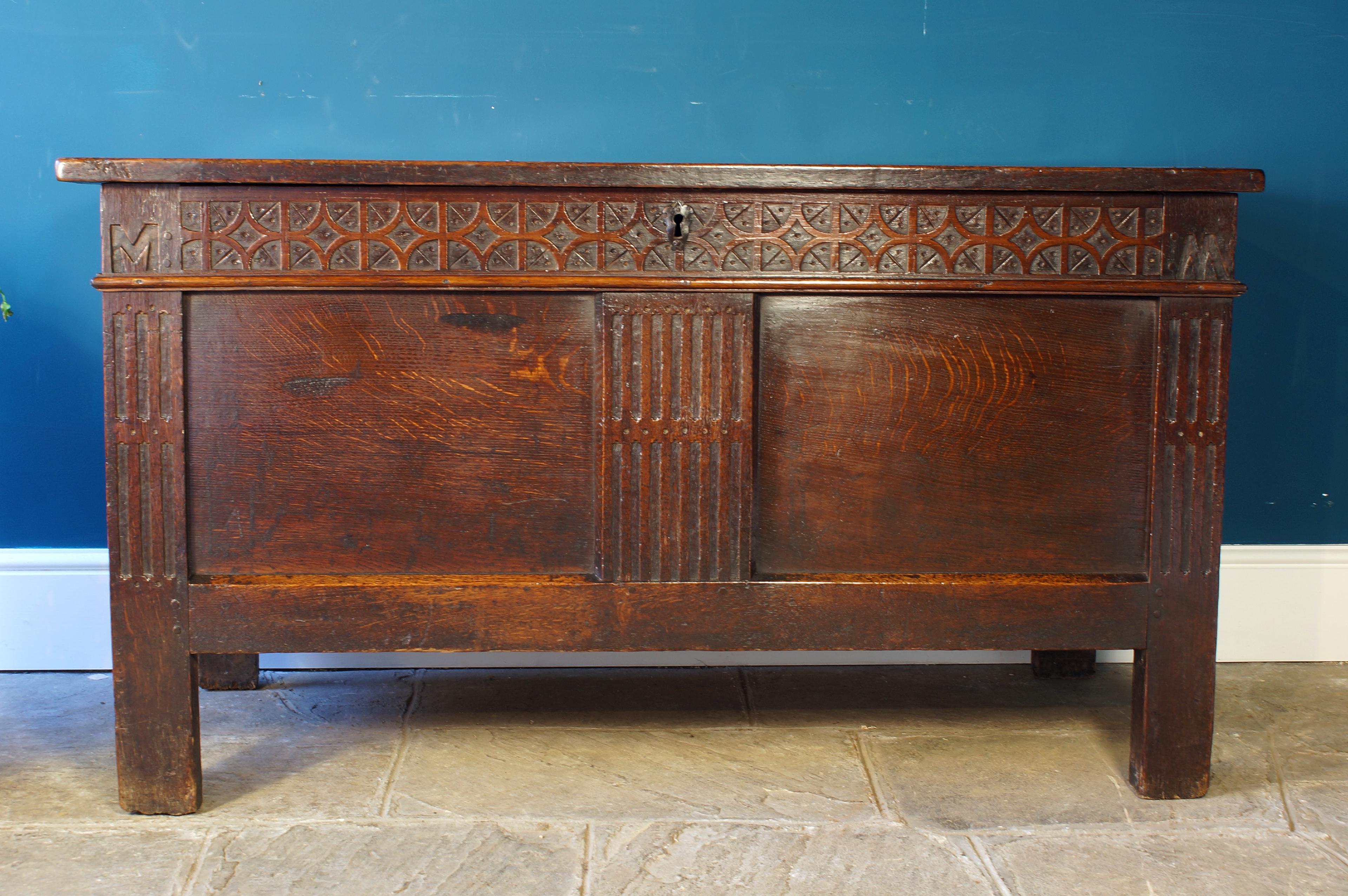 17th Century Carved Oak Coffer of an excellent colour. For Sale 9