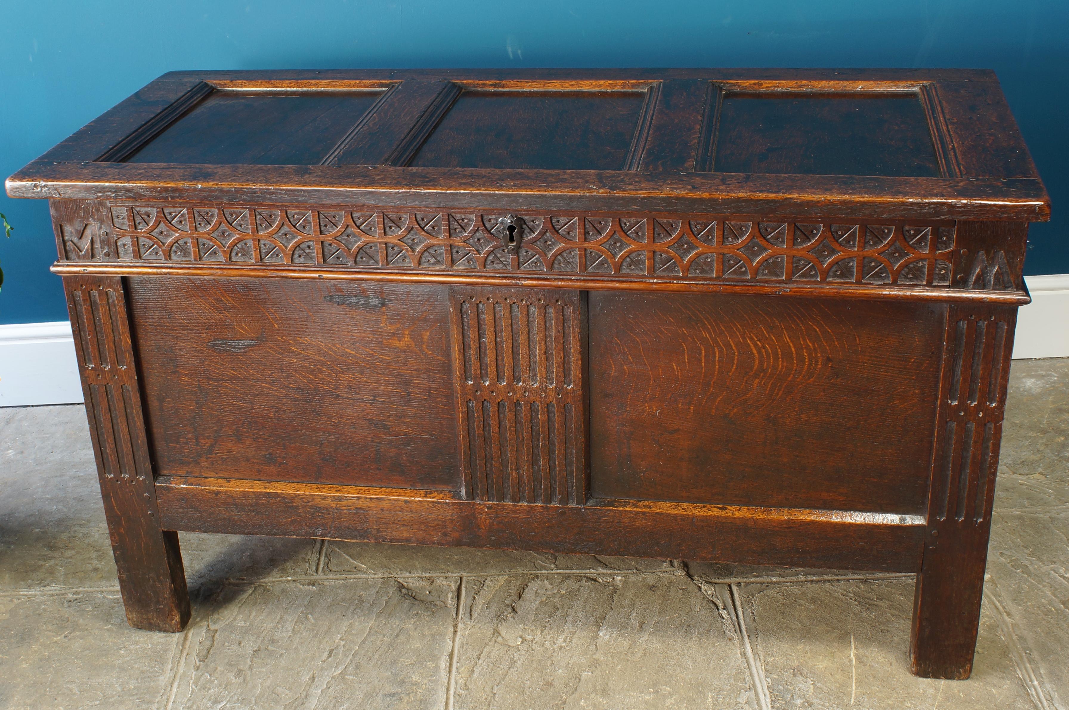 Jacobean 17th Century Carved Oak Coffer of an excellent colour. For Sale