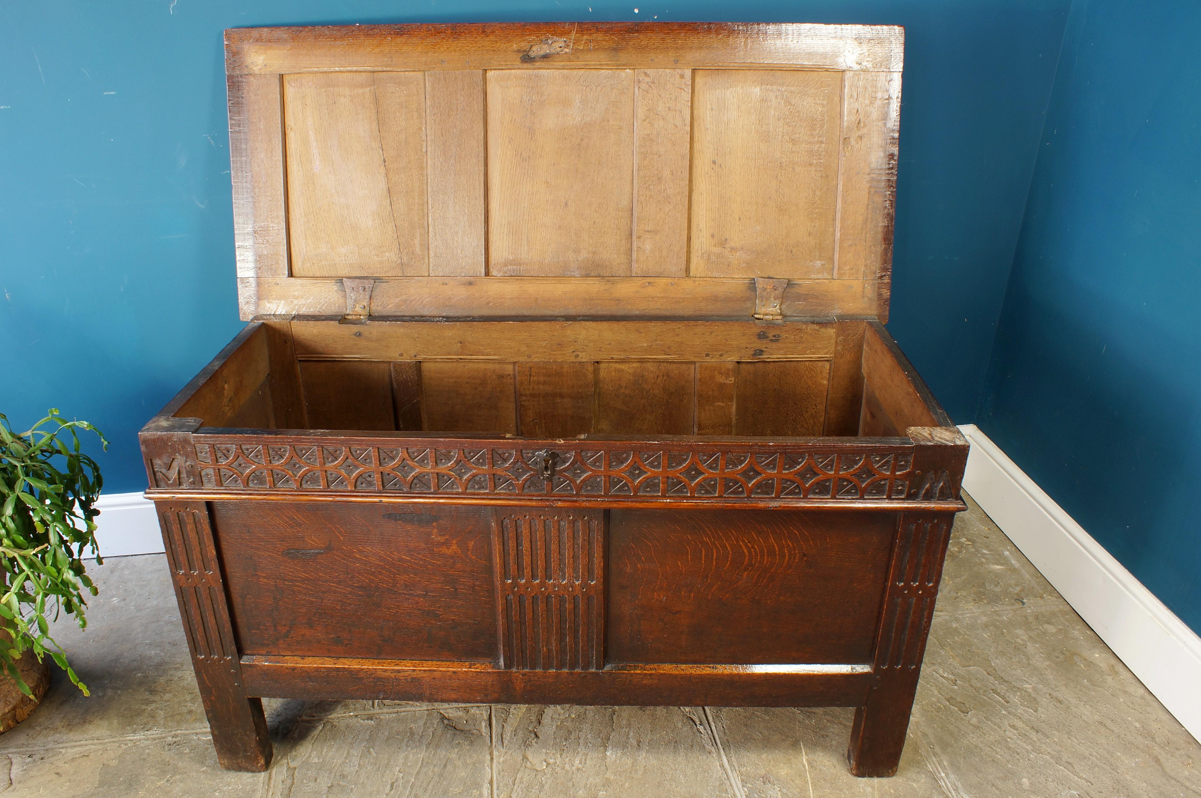 English 17th Century Carved Oak Coffer of an excellent colour. For Sale