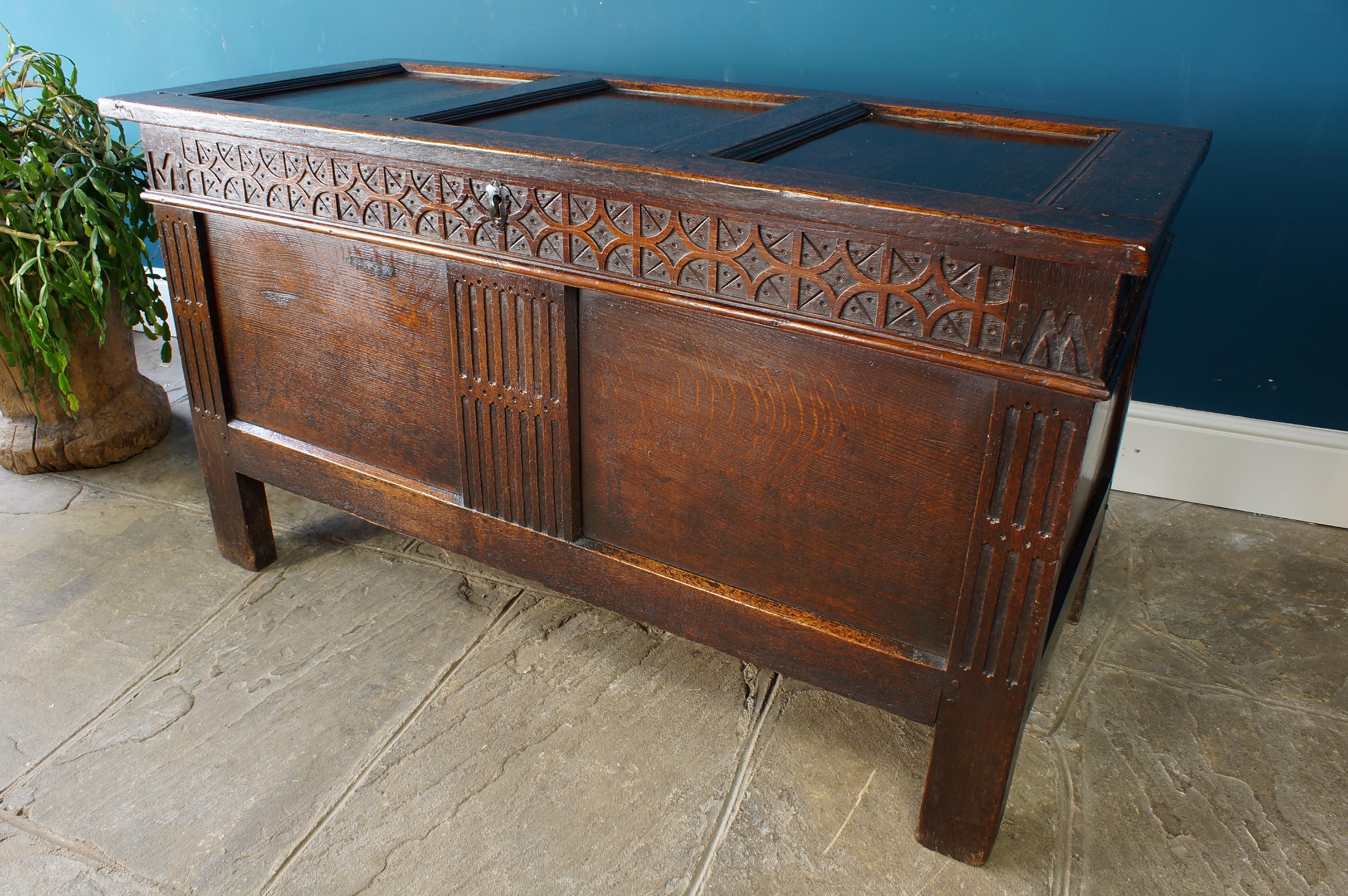 17th Century Carved Oak Coffer of an excellent colour. For Sale 2