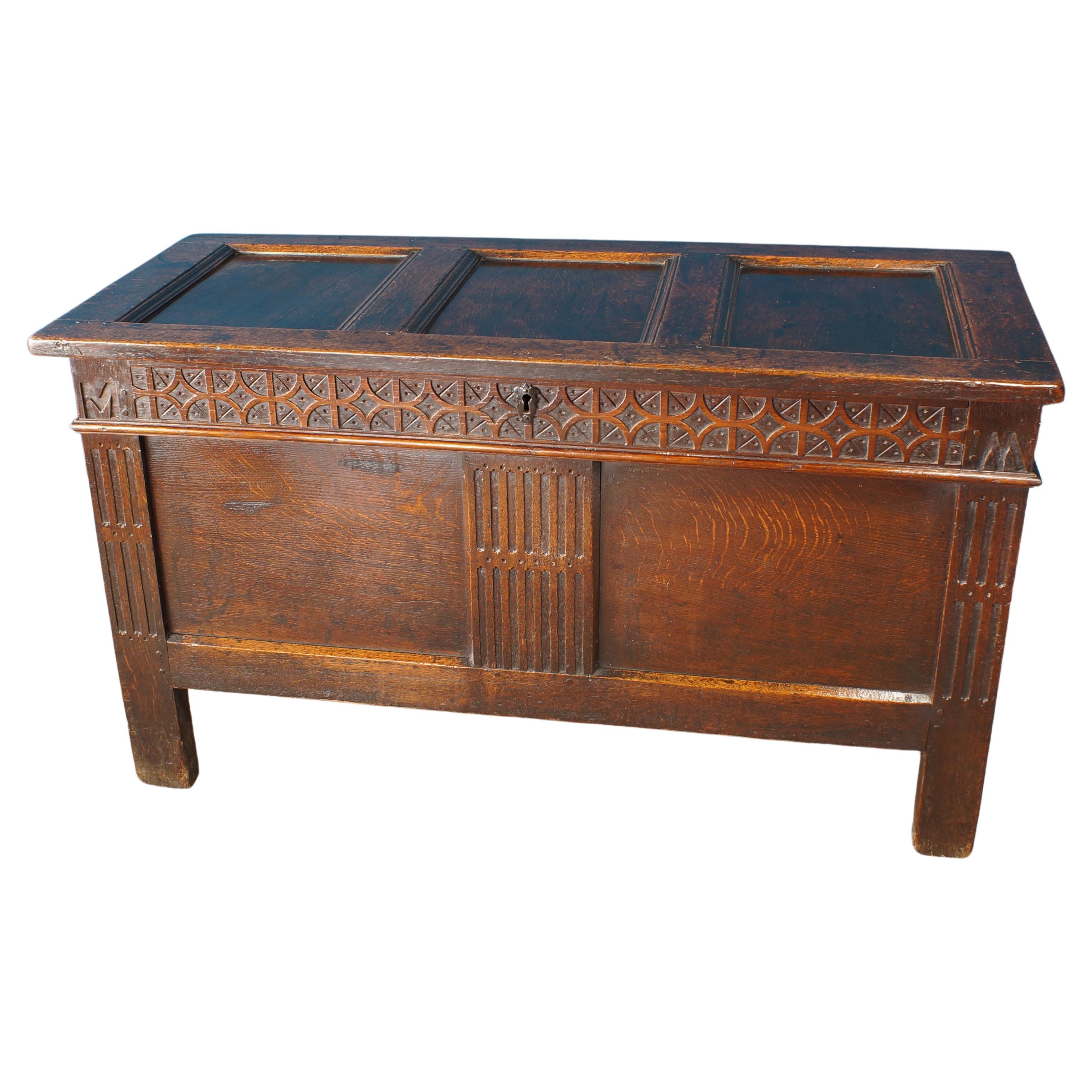 17th Century Carved Oak Coffer of an excellent colour. For Sale