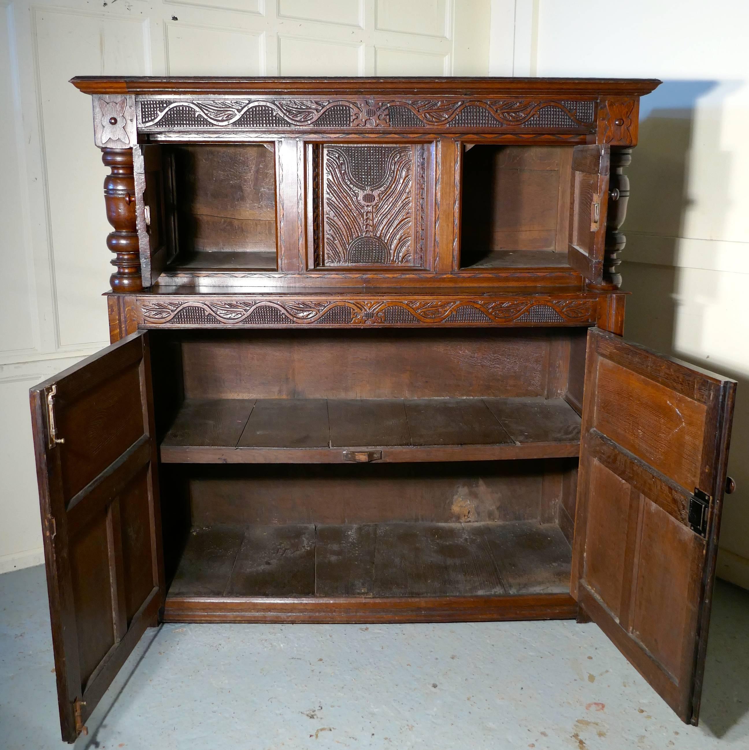 Country 17th Century Carved Oak Court Cupboard, Primitive Celtic Carving