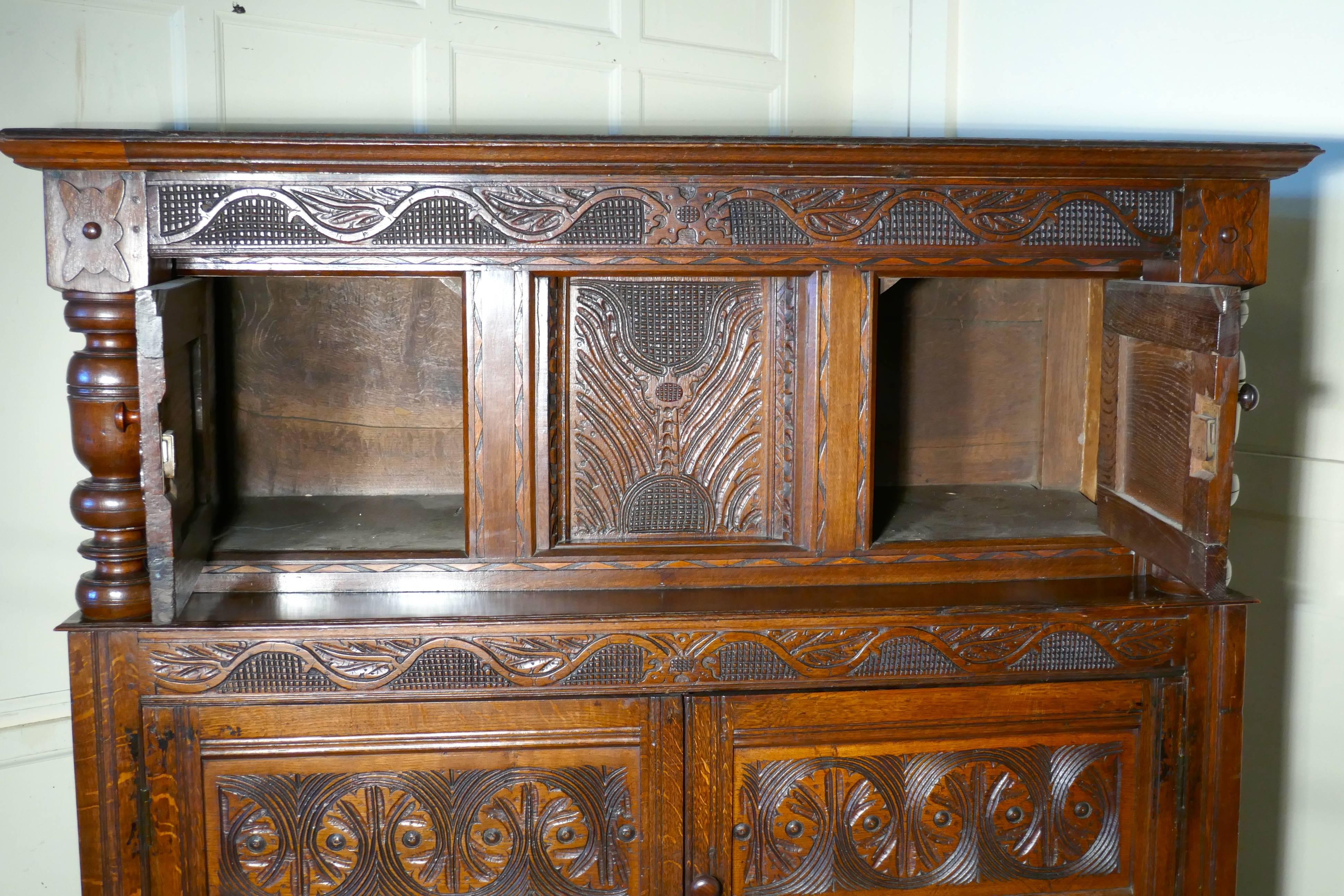 17th Century Carved Oak Court Cupboard, Primitive Celtic Carving In Good Condition In Chillerton, Isle of Wight