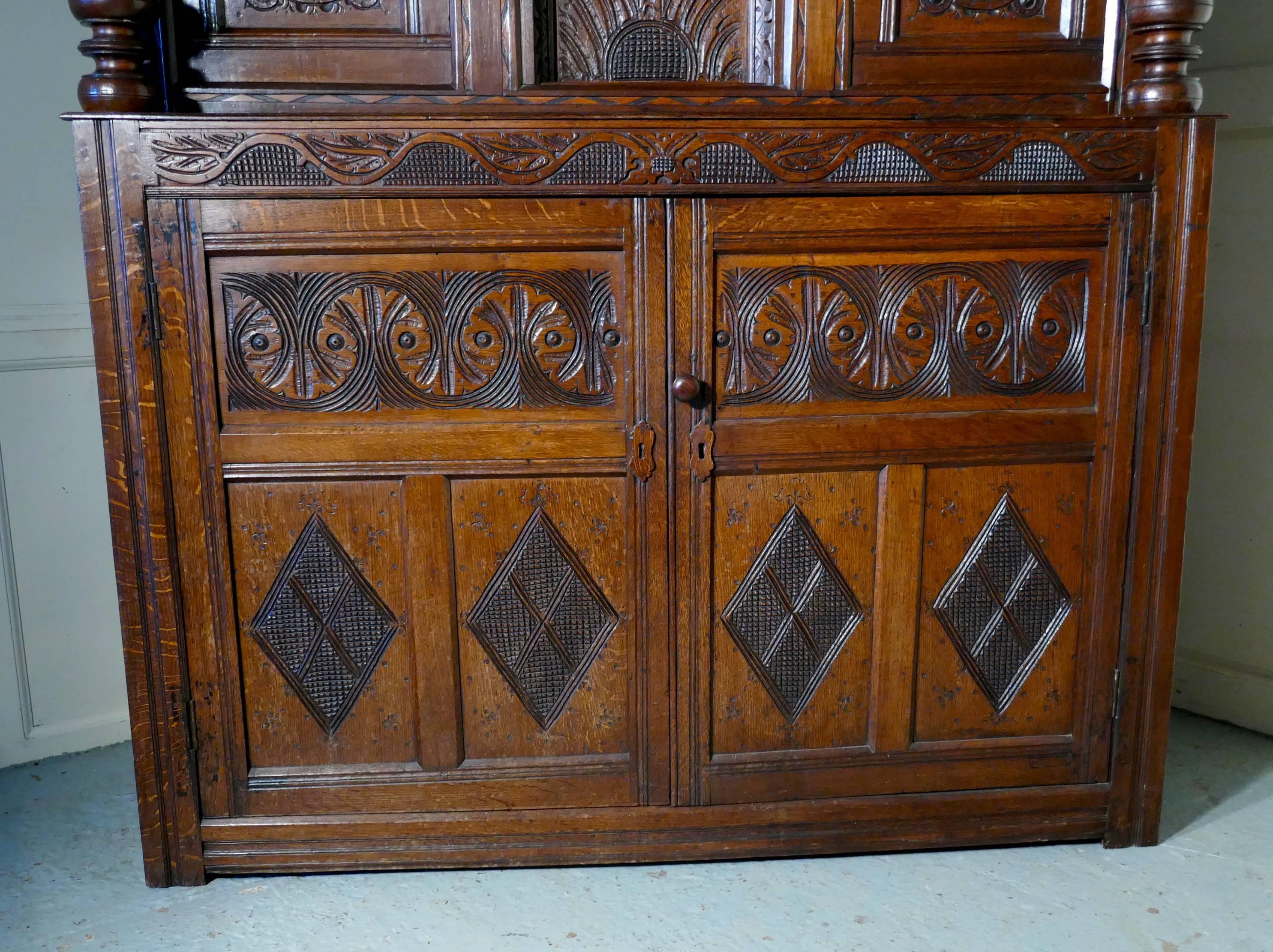 17th Century Carved Oak Court Cupboard, Primitive Celtic Carving 1