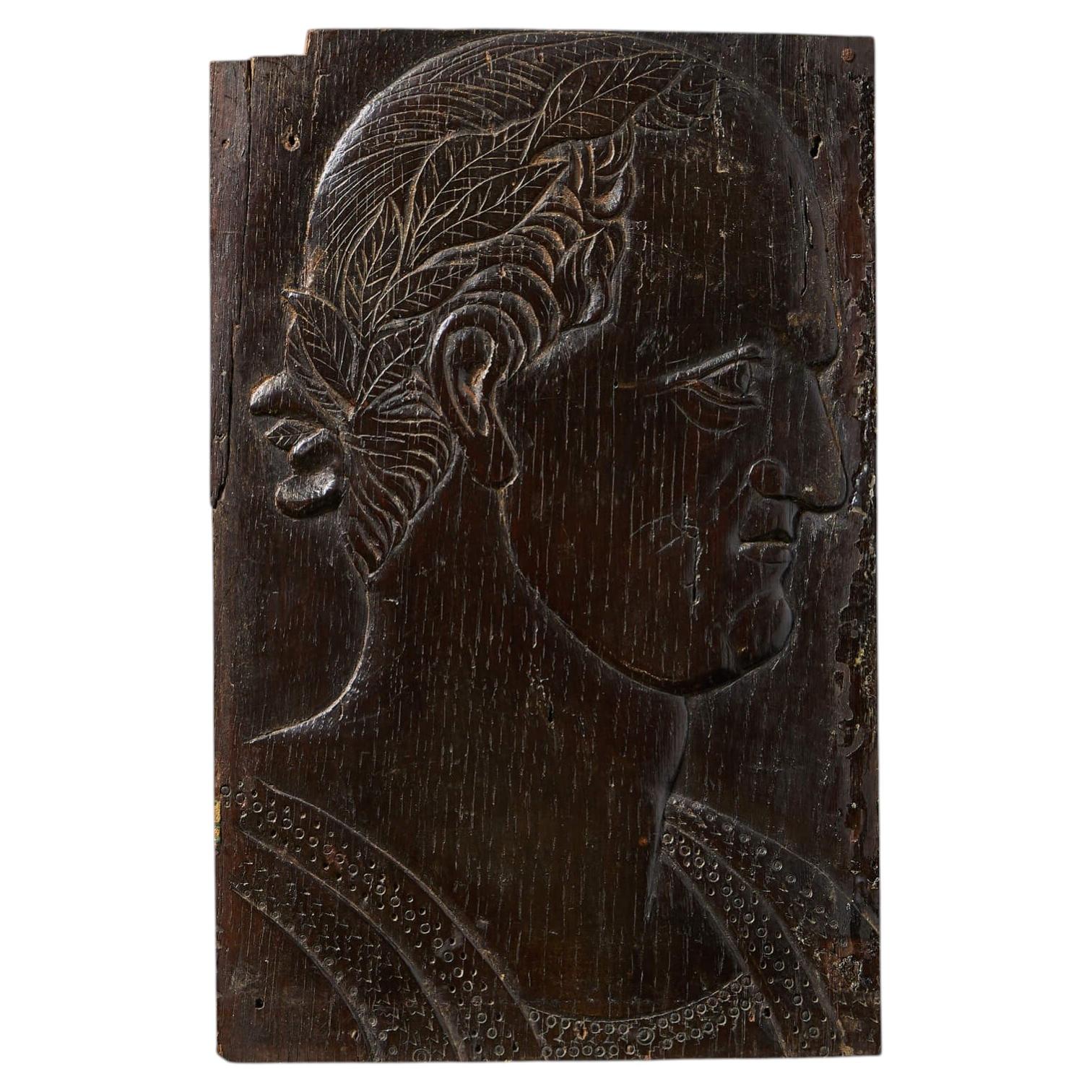 17th Century Carved Oak Panel of an Emperor