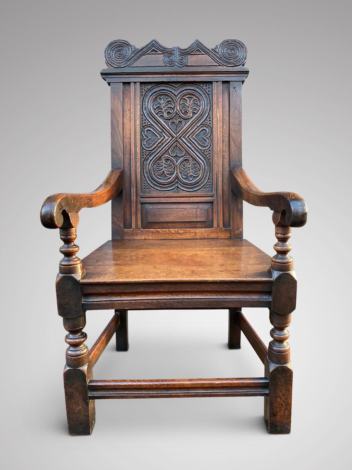Charles II Antique 17th Century Carved Oak Wainscot Armchair