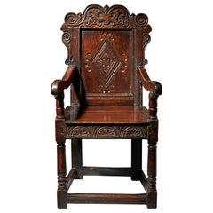 Silla de arrimadero de roble tallado del siglo XVII, la silla de Yorkshire
