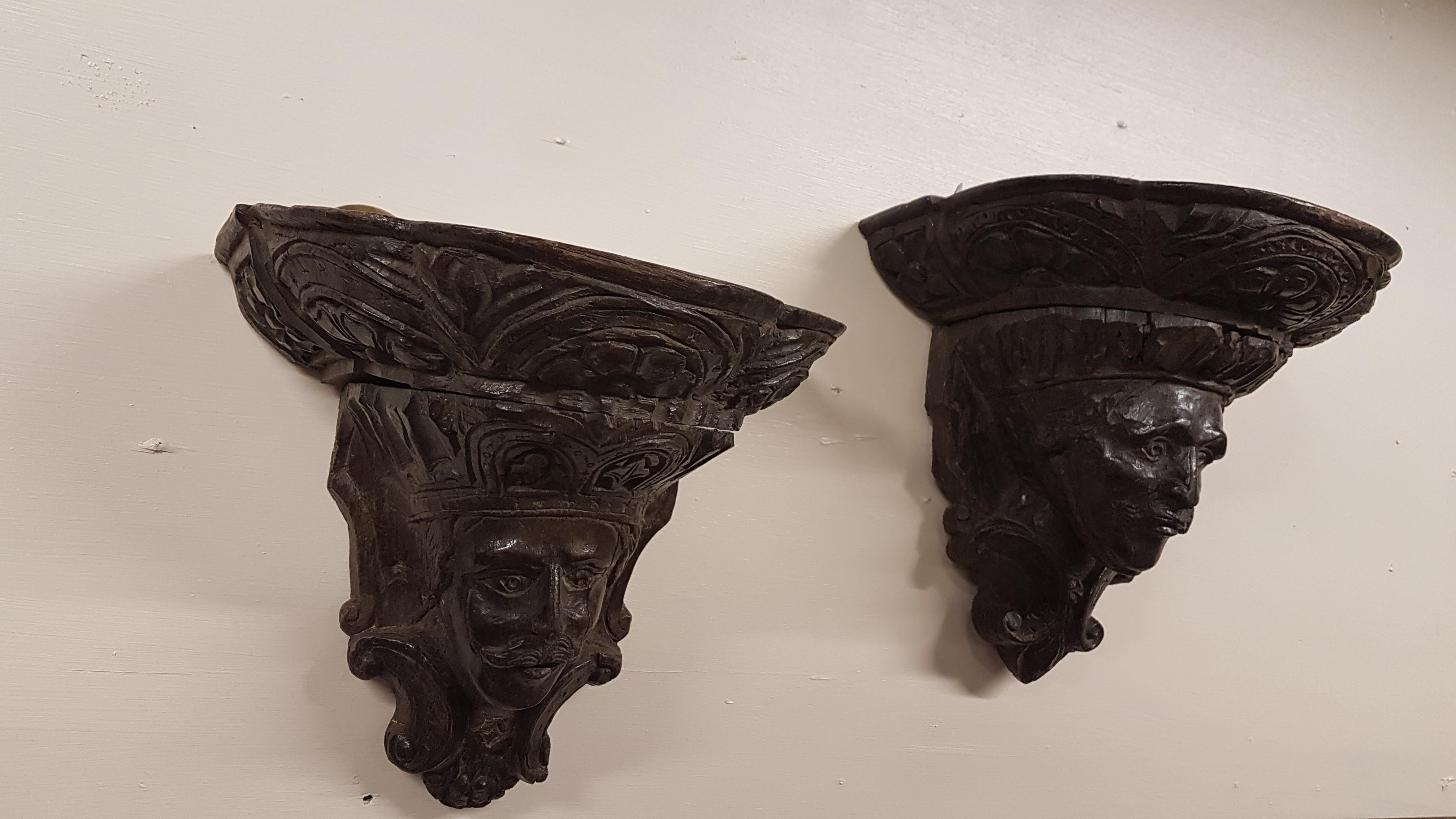 Gothic 17th Century Carved Oak Wall Brackets, Archbishop William Laud and Charles 1st