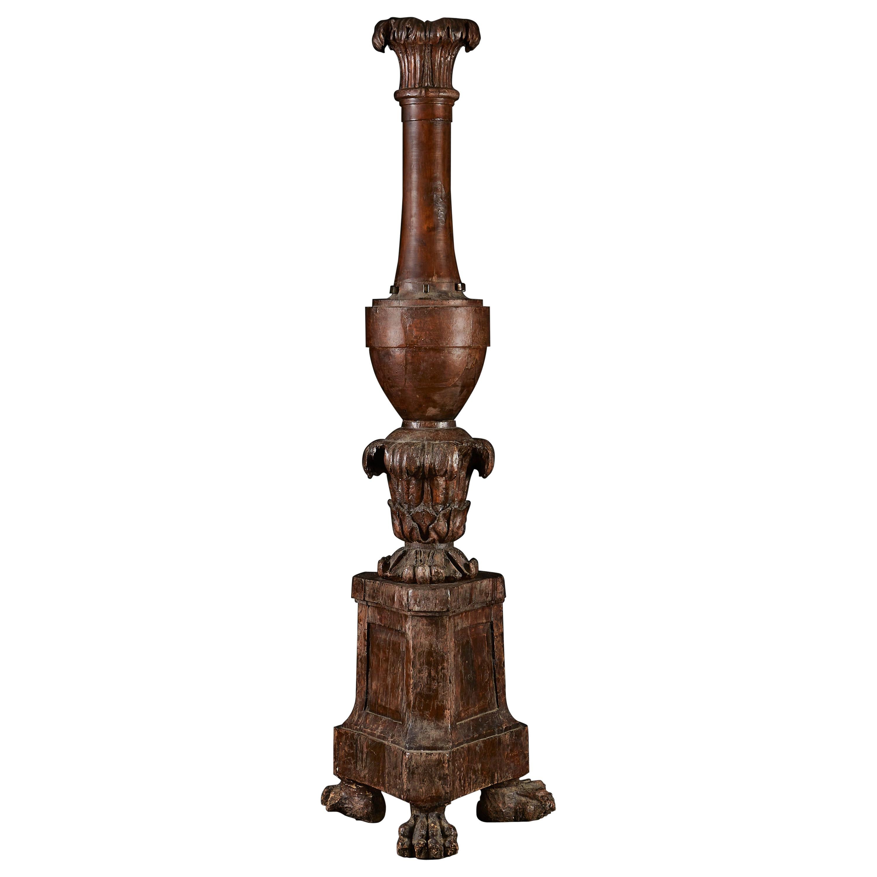 17th Century Carved Walnut Sicilian Torchere of Large Scale For Sale