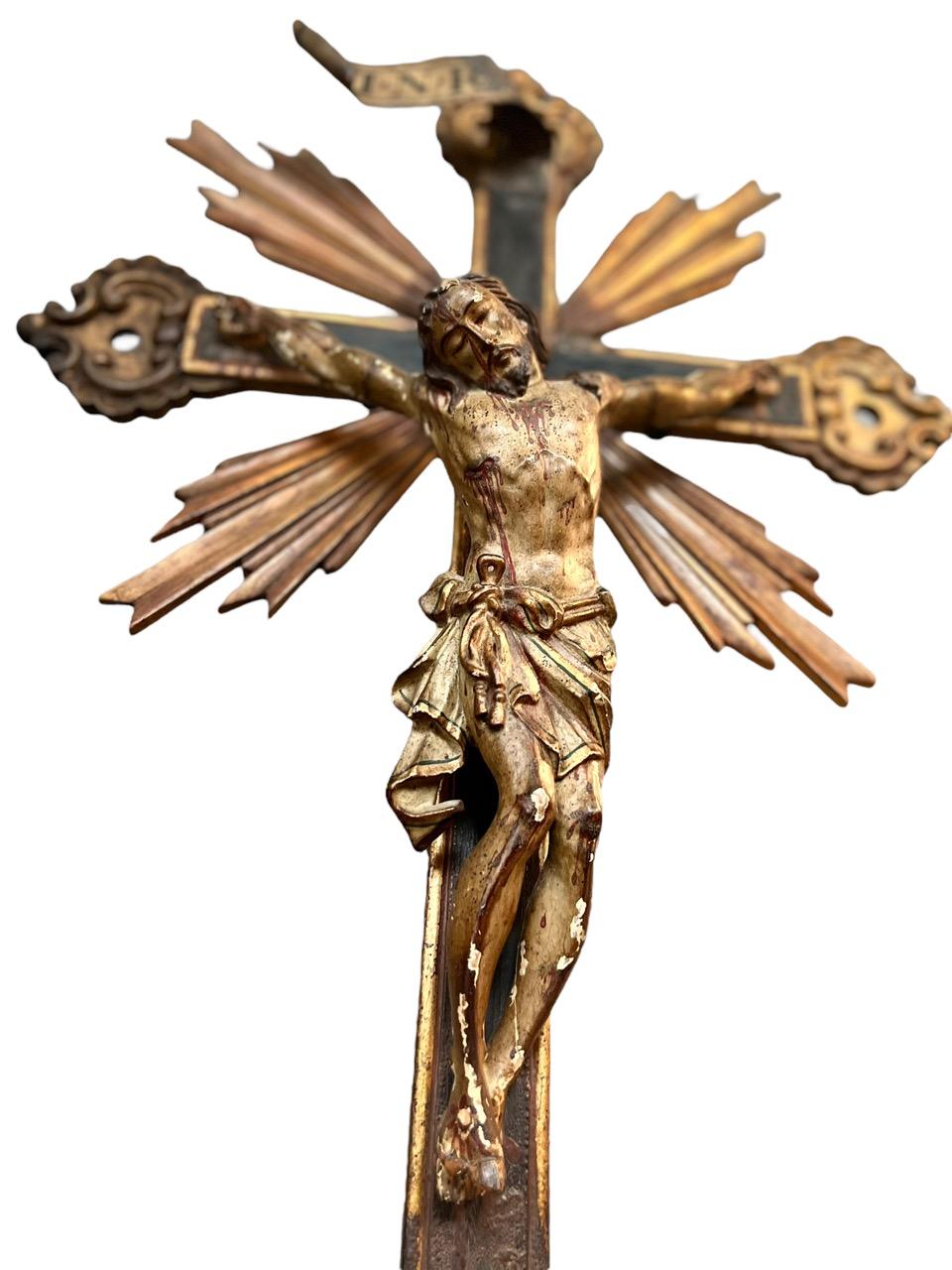 17th Century Carved Wood and Polychromed  of Crucified Jesus on the Cross For Sale 3