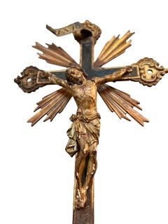 17th Century Carved Wood and Polychromed  of Crucified Jesus on the Cross