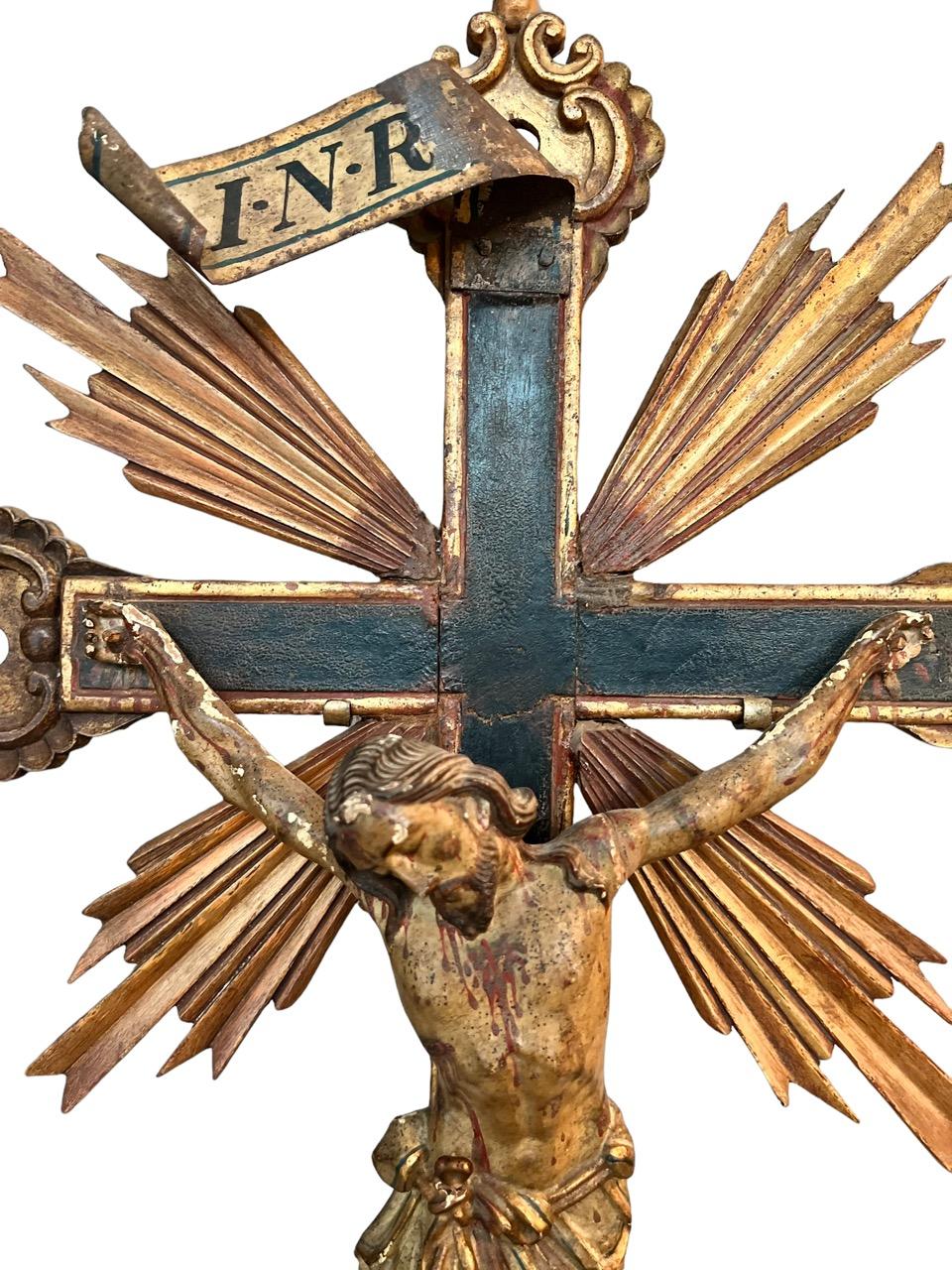 Baroque 17th Century Carved Wood and Polychromed  of Crucified Jesus on the Cross