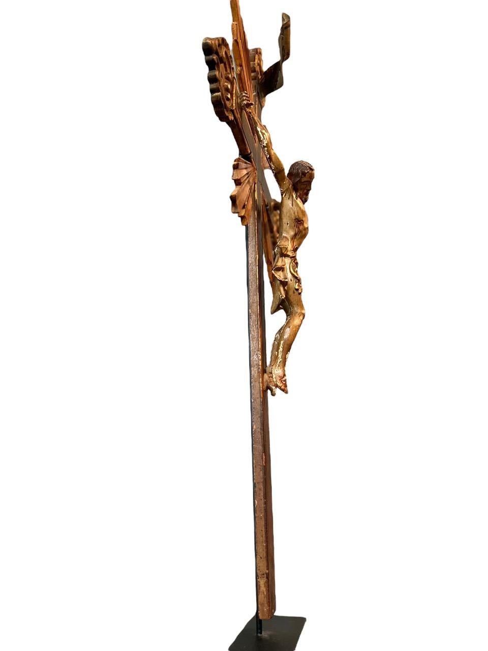 17th Century Carved Wood and Polychromed  of Crucified Jesus on the Cross In Distressed Condition For Sale In North Miami, FL