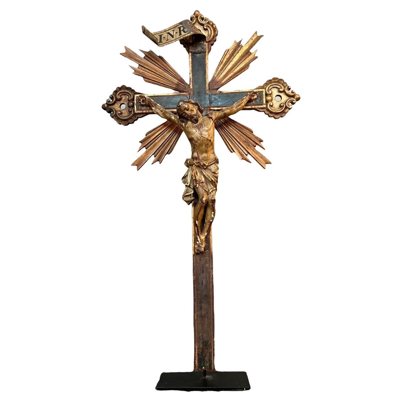 17th Century Carved Wood and Polychromed  of Crucified Jesus on the Cross