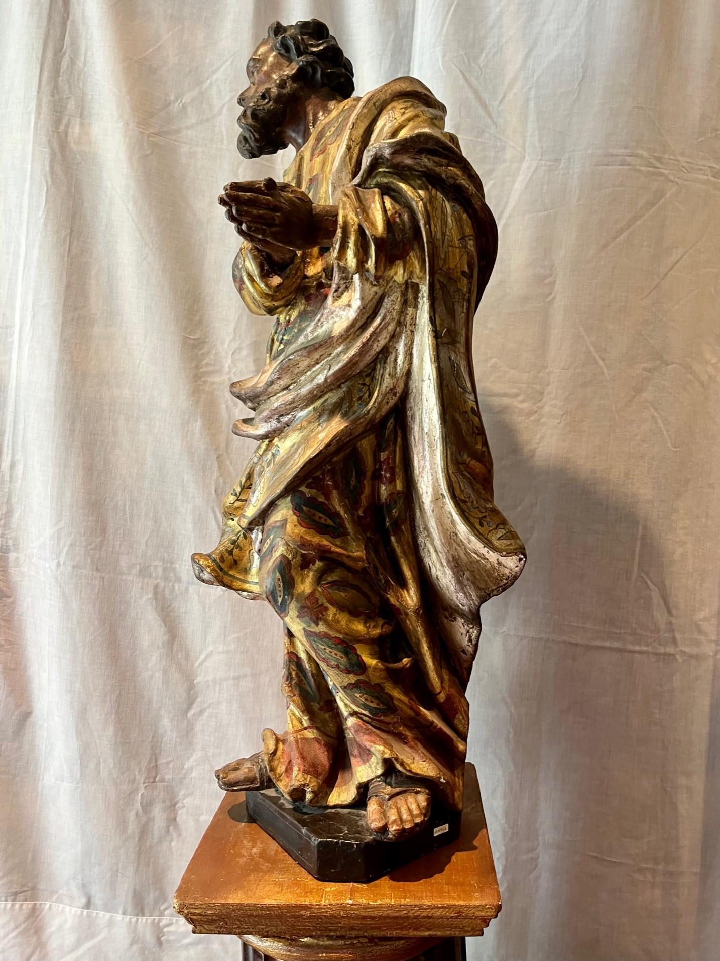 Baroque 17th Century Carved Wood Silver Gilt Polychrome Figure of Saint John For Sale