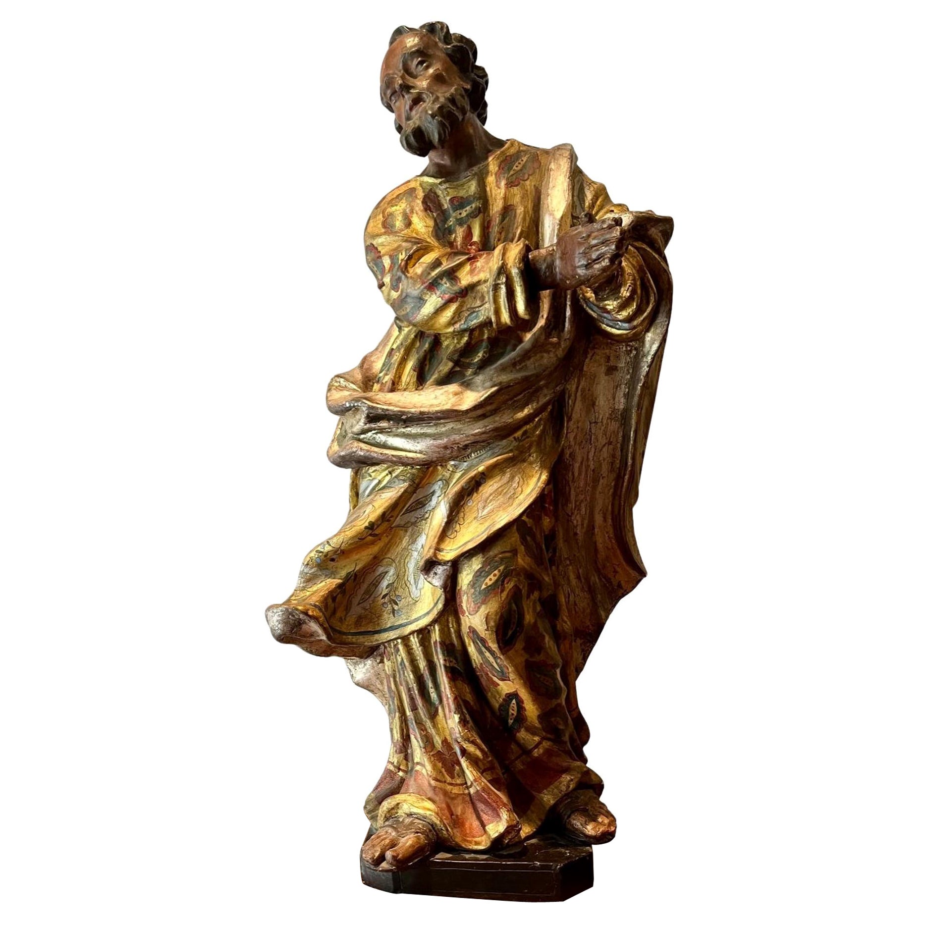 17th Century Carved Wood Silver Gilt Polychrome Figure of Saint John
