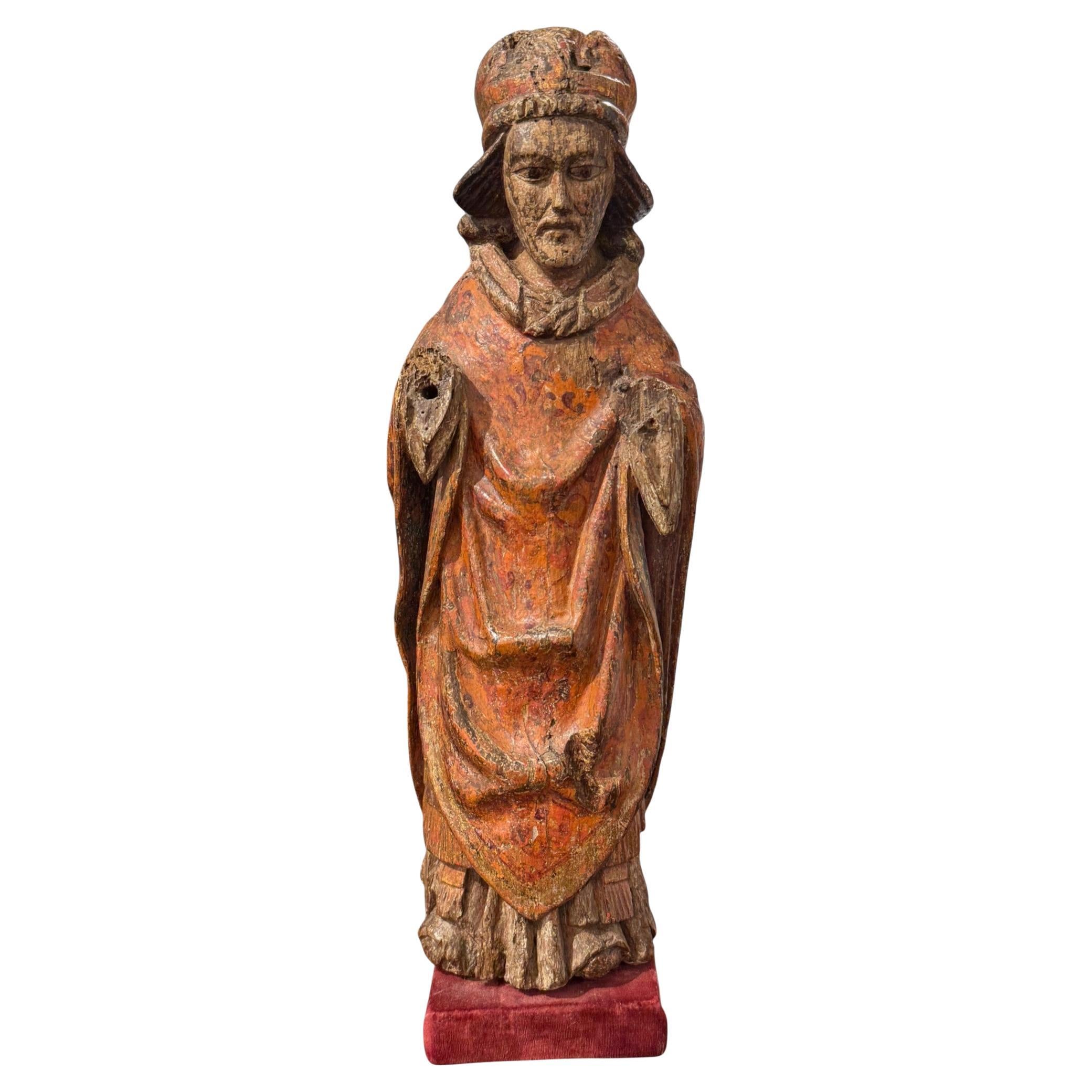 17th Century Carved Wooden Saint Pope Sculpture, Antique Religious Art