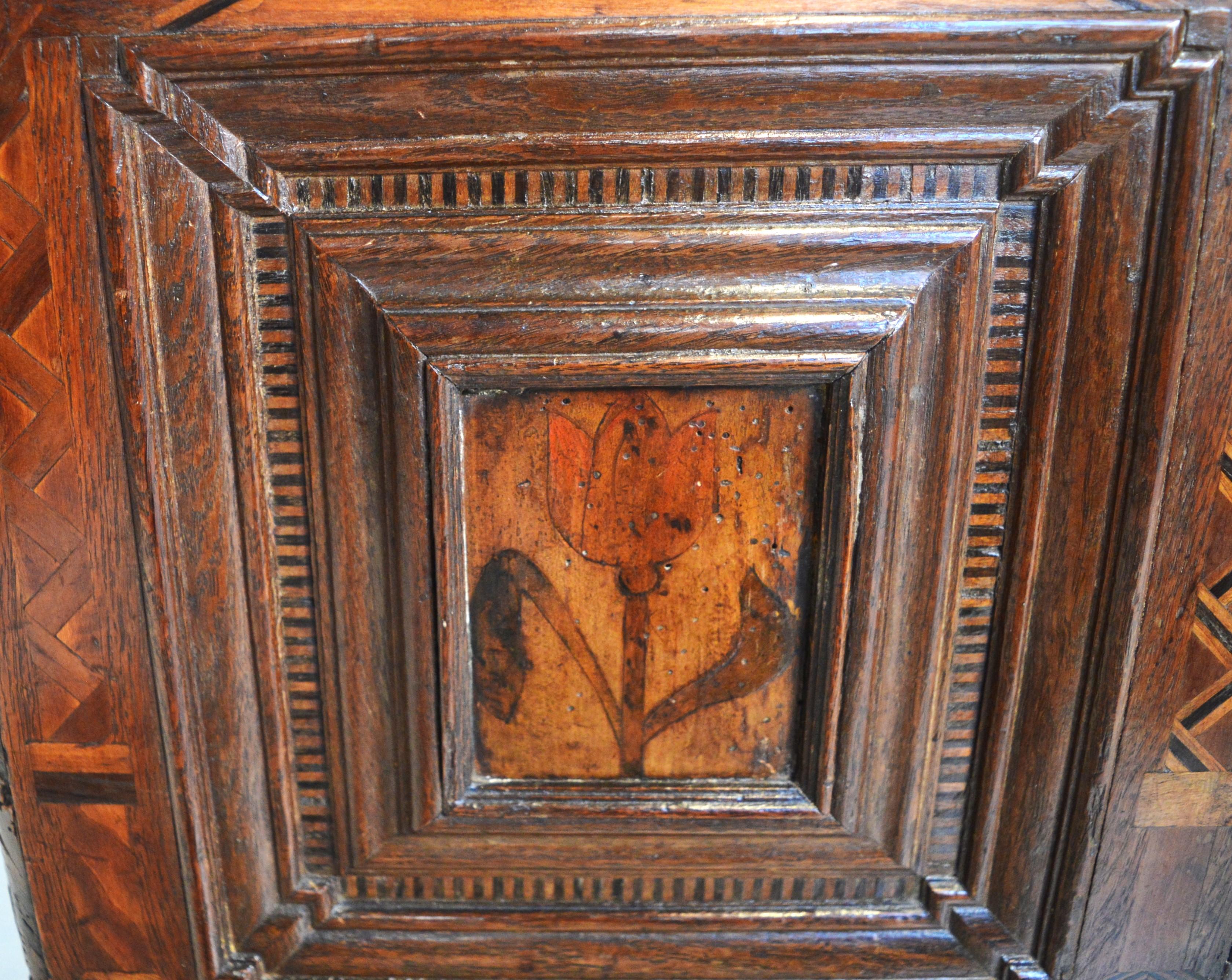 Inlay 17th Century Cassone Coffer in Oak and Walnut