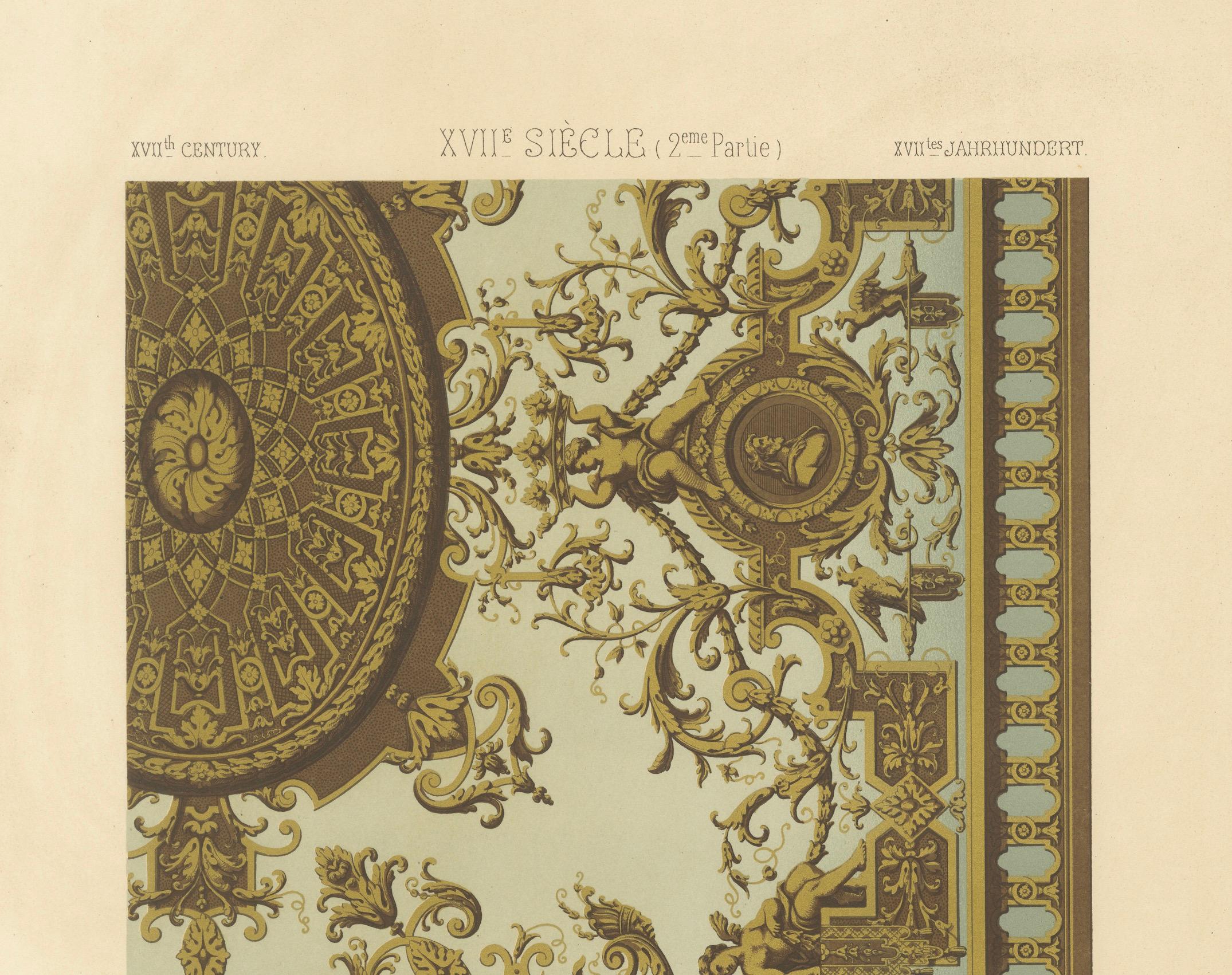 Ornement de plafond du 17e siècle - Panneau intérieur baroque avec grotesques, planche LXXX

Cette élégante chromolithographie, planche LXXX de la célèbre série L'Ornement Polychrome, représente un coin de plafond baroque richement orné datant de la