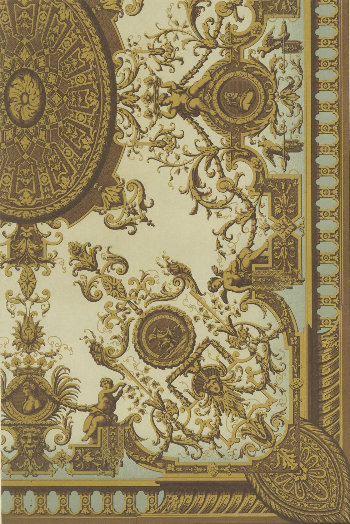 Papier Ornement de plafond du 17e siècle - Panneau intérieur baroque avec grotesques, vers 1869 en vente