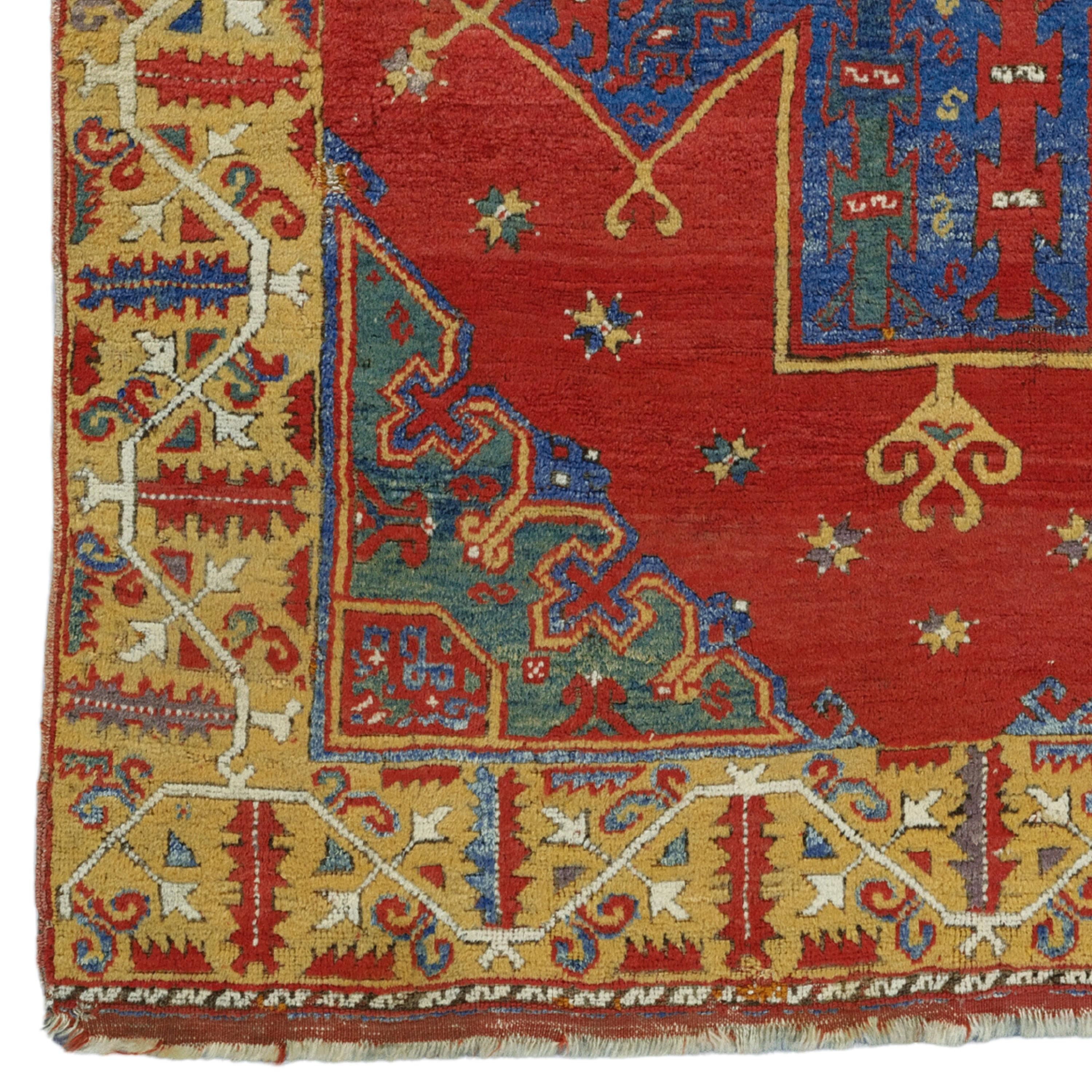17th  Century Central Anatolian Rug

Turkish knotted carpet, Central Anatolia. Early village carpet with octagonal medallion on madder red background and bottle green corner solutions within a golden yellow tendril border. The color and wool quality