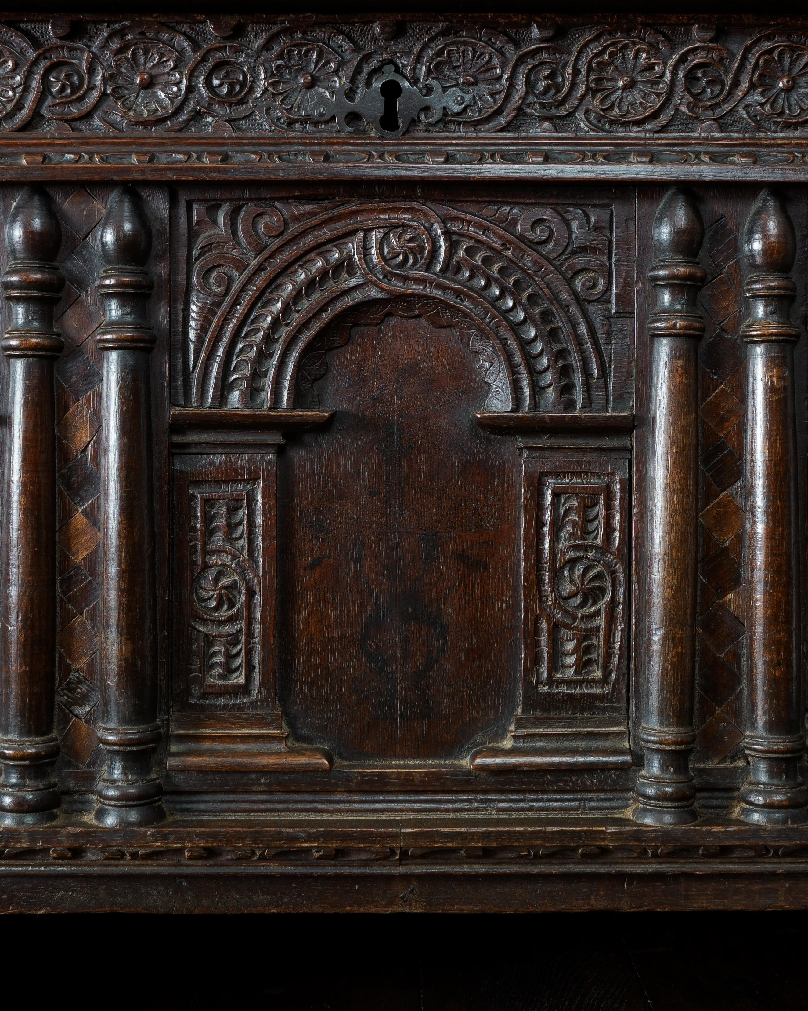 Jacobean 17th Century, Charles I, Carved & Inlaid Oak Chest, England, Circa 1640 For Sale