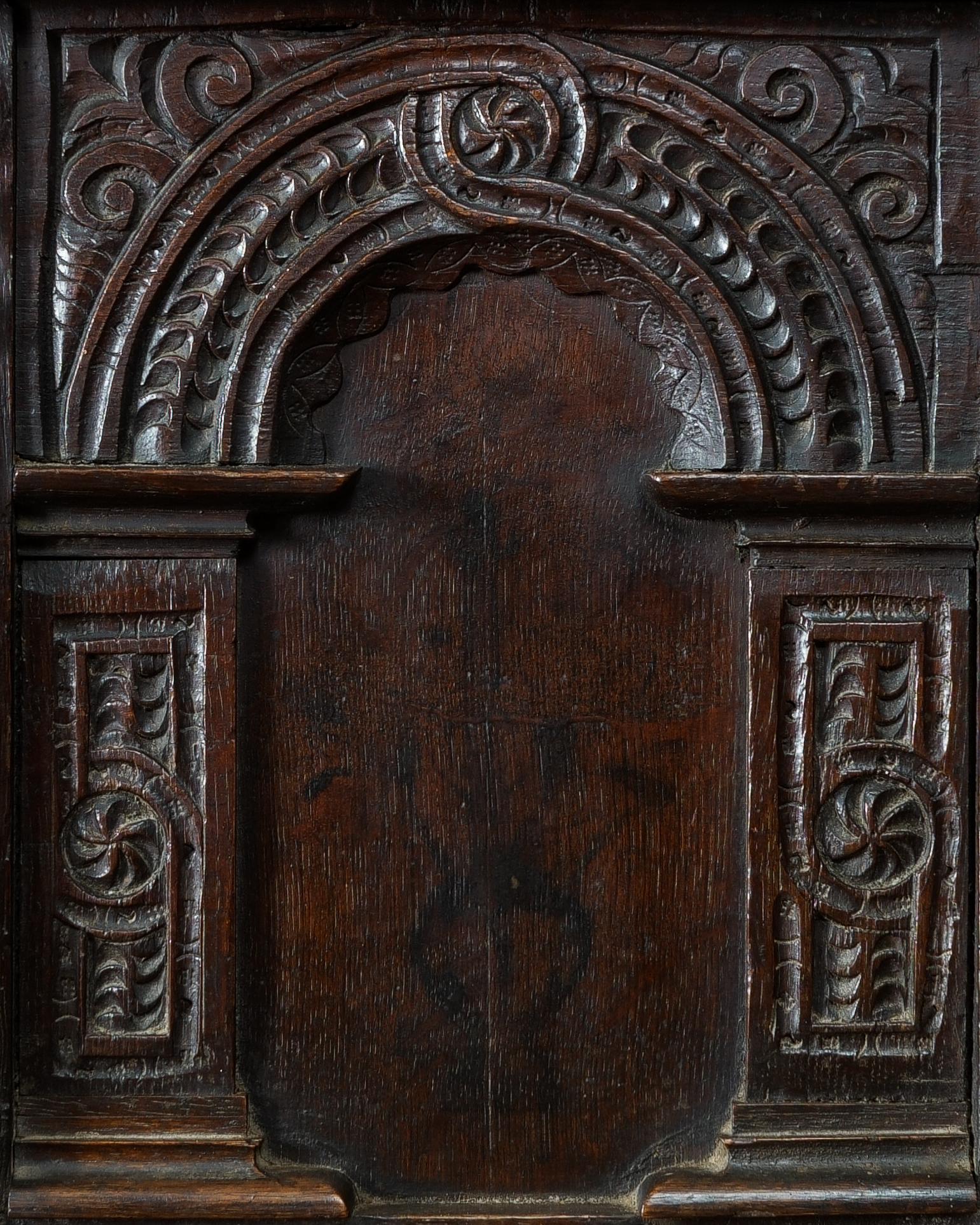 British 17th Century, Charles I, Carved & Inlaid Oak Chest, England, Circa 1640 For Sale