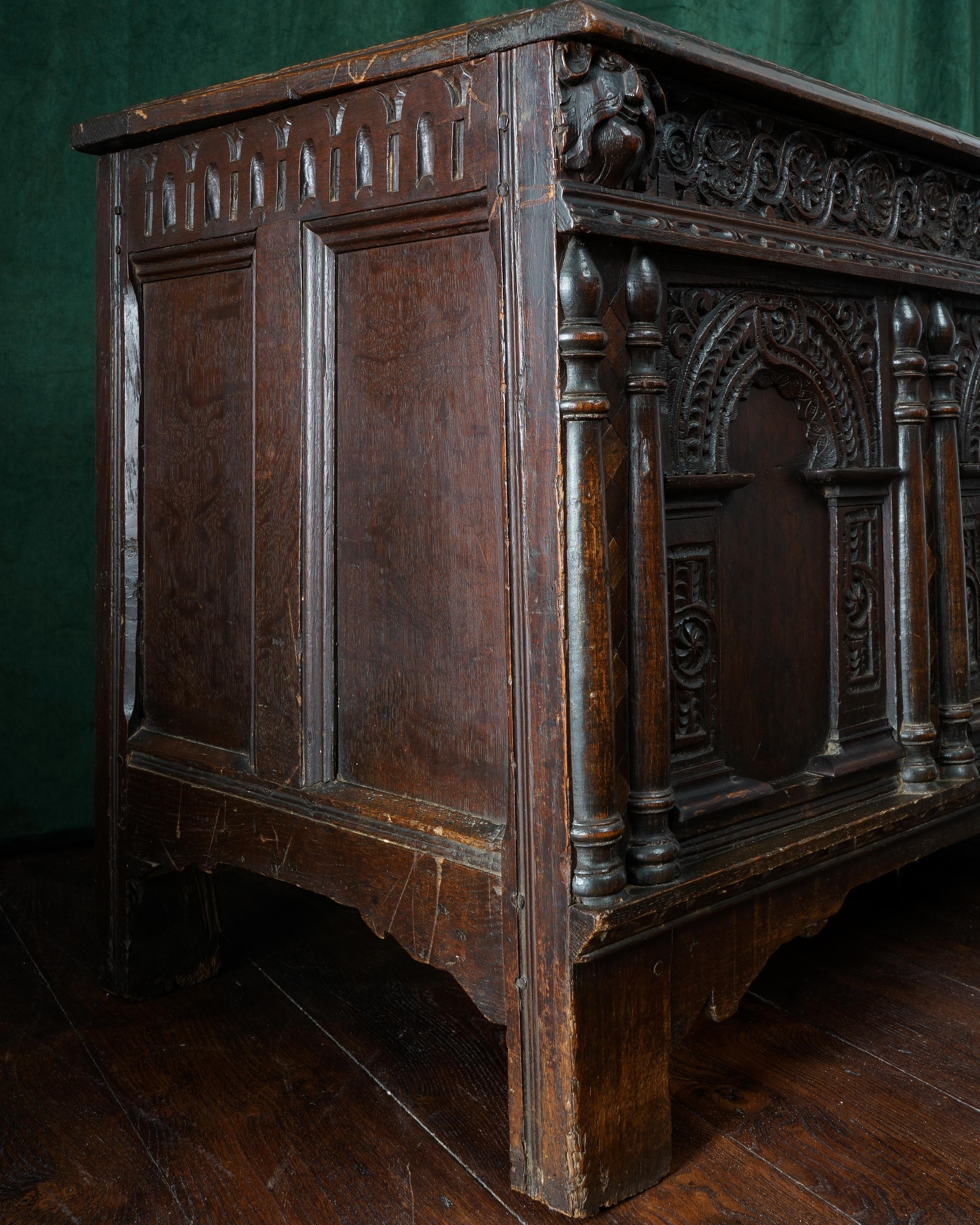 18th Century and Earlier 17th Century, Charles I, Carved & Inlaid Oak Chest, England, Circa 1640 For Sale
