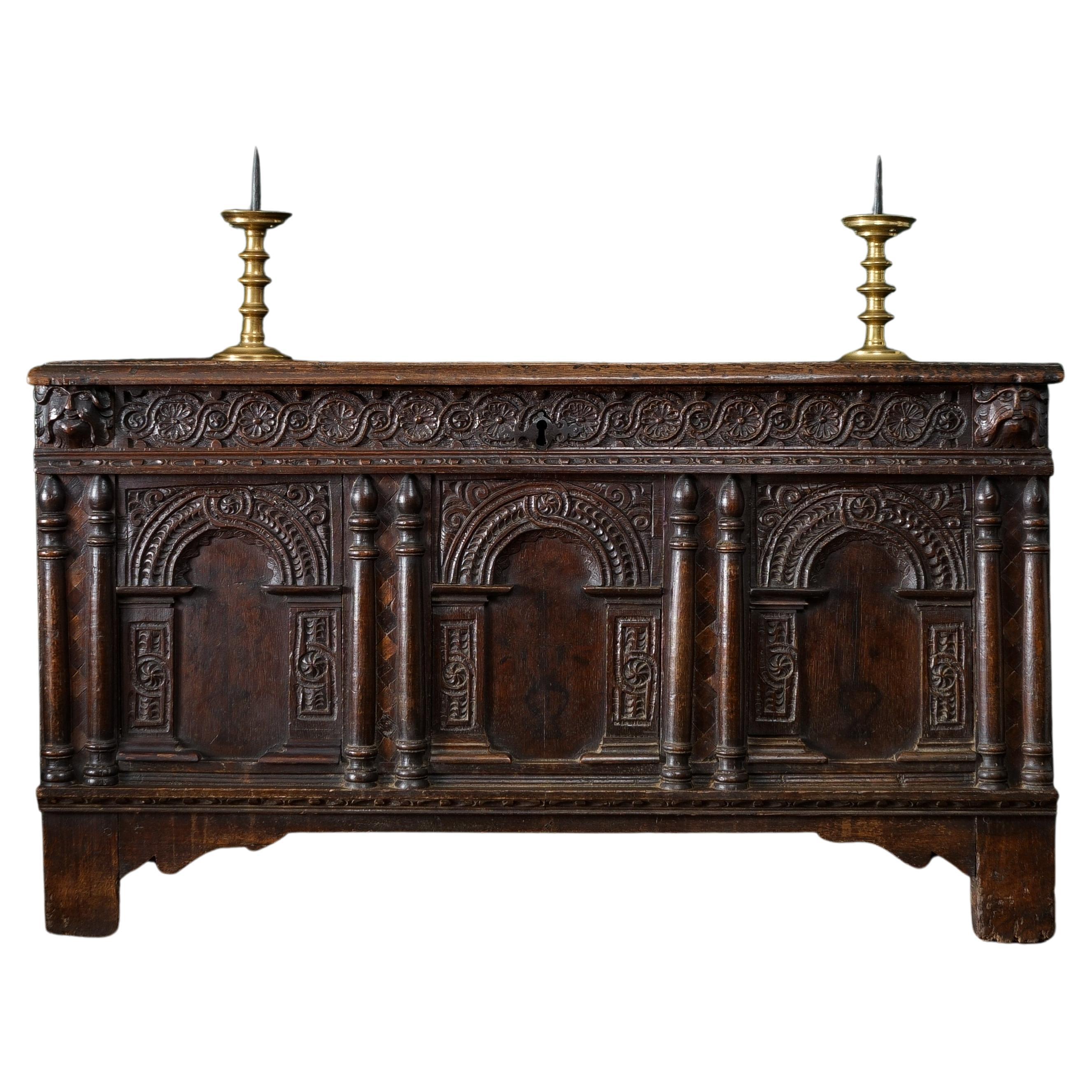 17th Century, Charles I, Carved & Inlaid Oak Chest, England, Circa 1640 For Sale