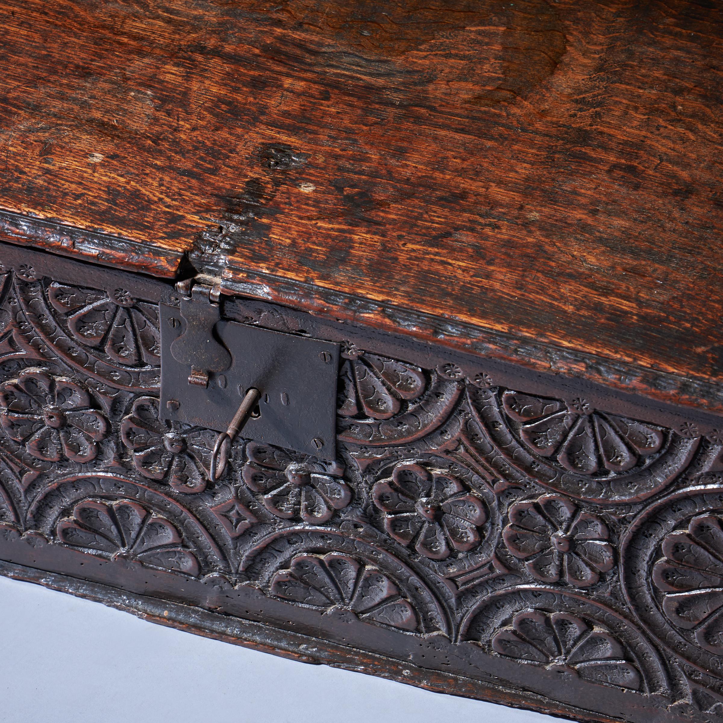 17th Century Charles I Carved Oak Box with Original Iron Clasp and Staple Lock For Sale 5