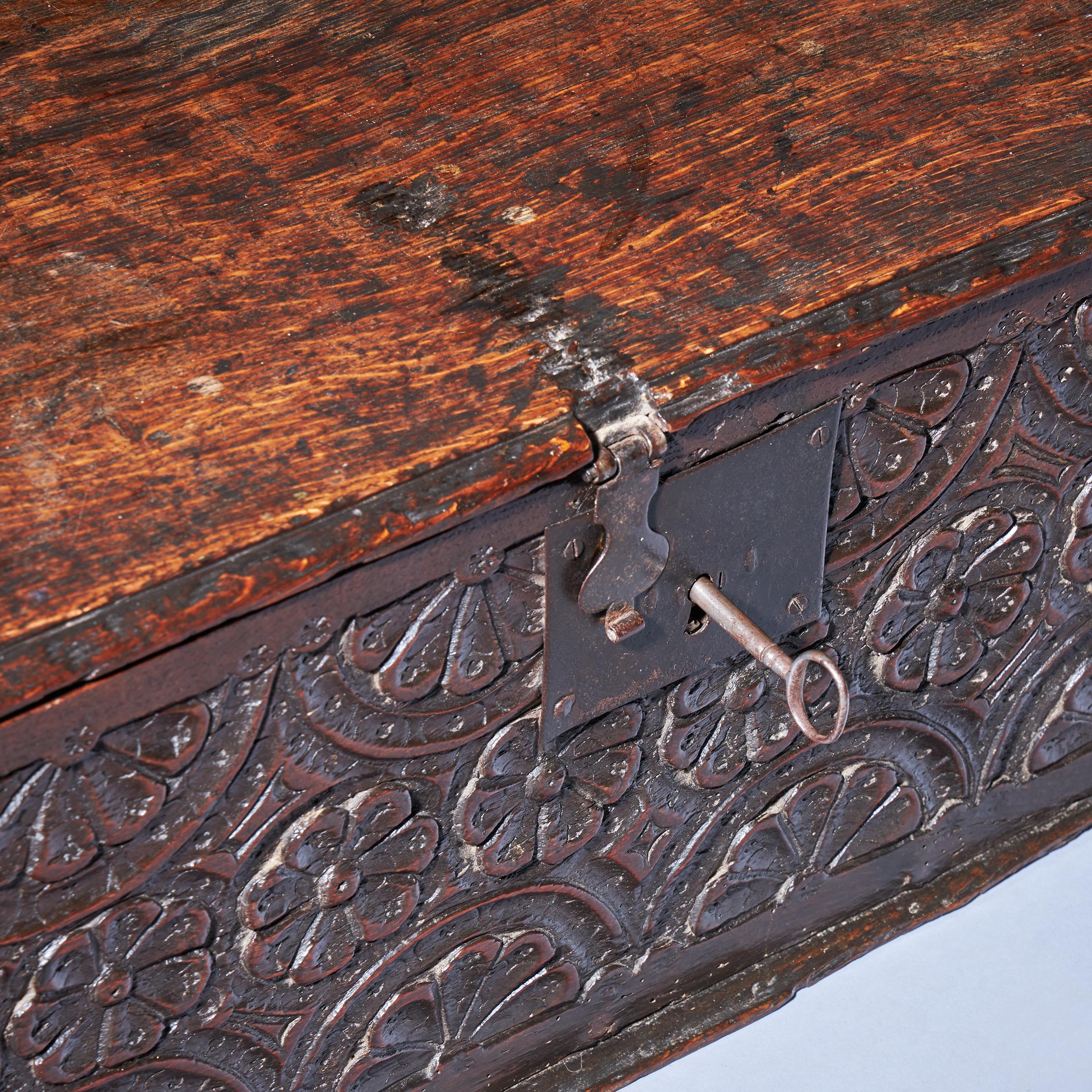 17th Century Charles I Carved Oak Box with Original Iron Clasp and Staple Lock For Sale 6