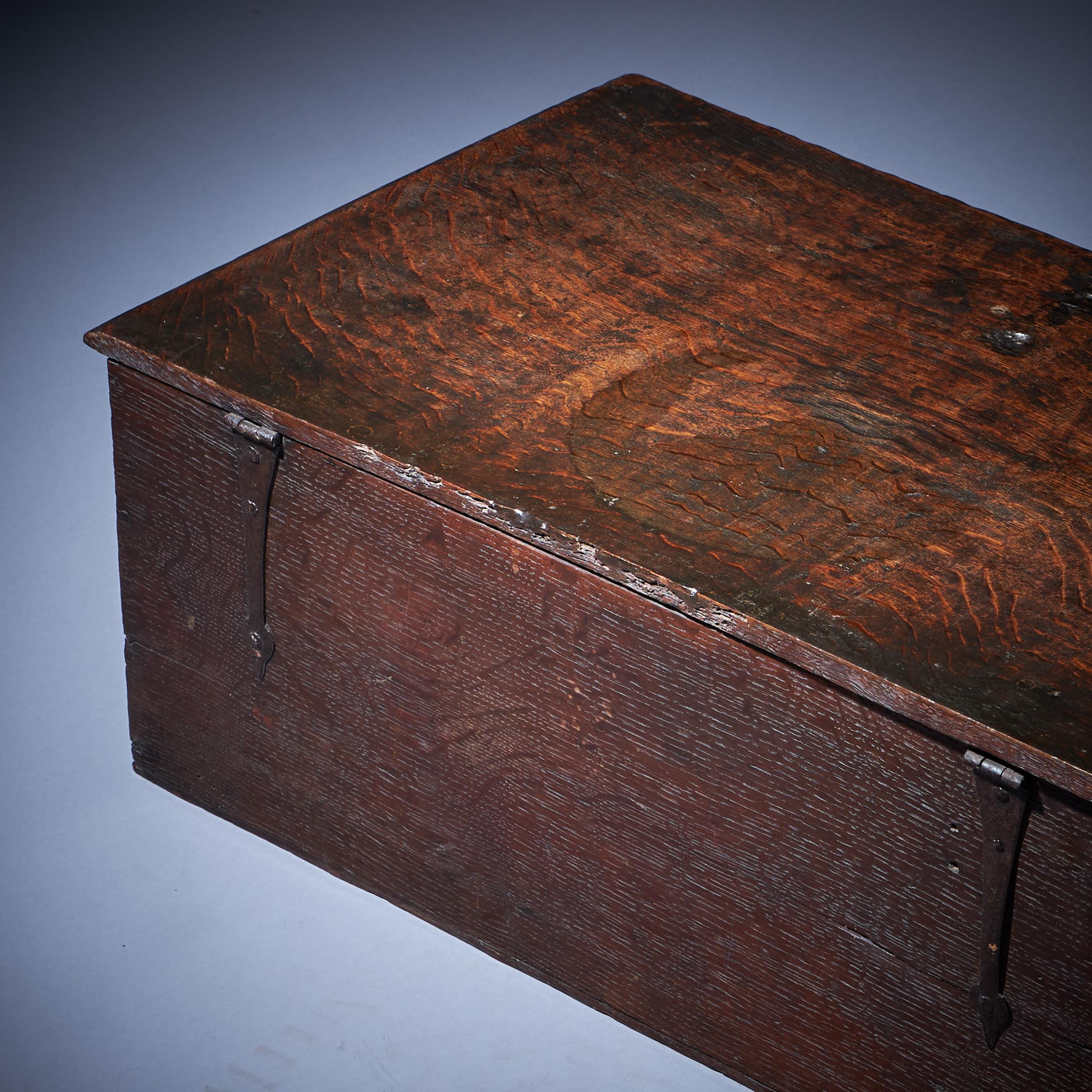 17th Century Charles I Carved Oak Box with Original Iron Clasp and Staple Lock For Sale 8