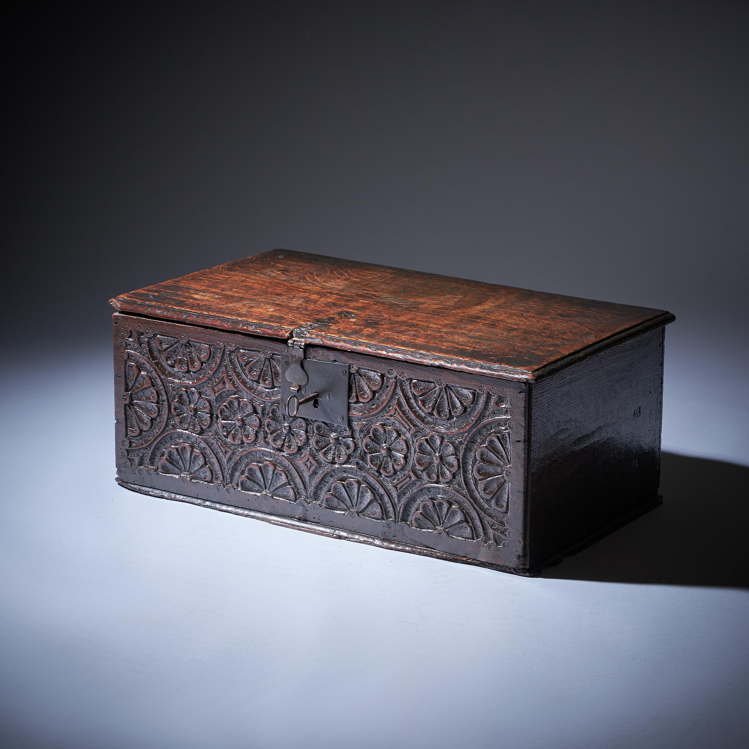 Jacobean 17th Century Charles I Carved Oak Box with Original Iron Clasp and Staple Lock For Sale