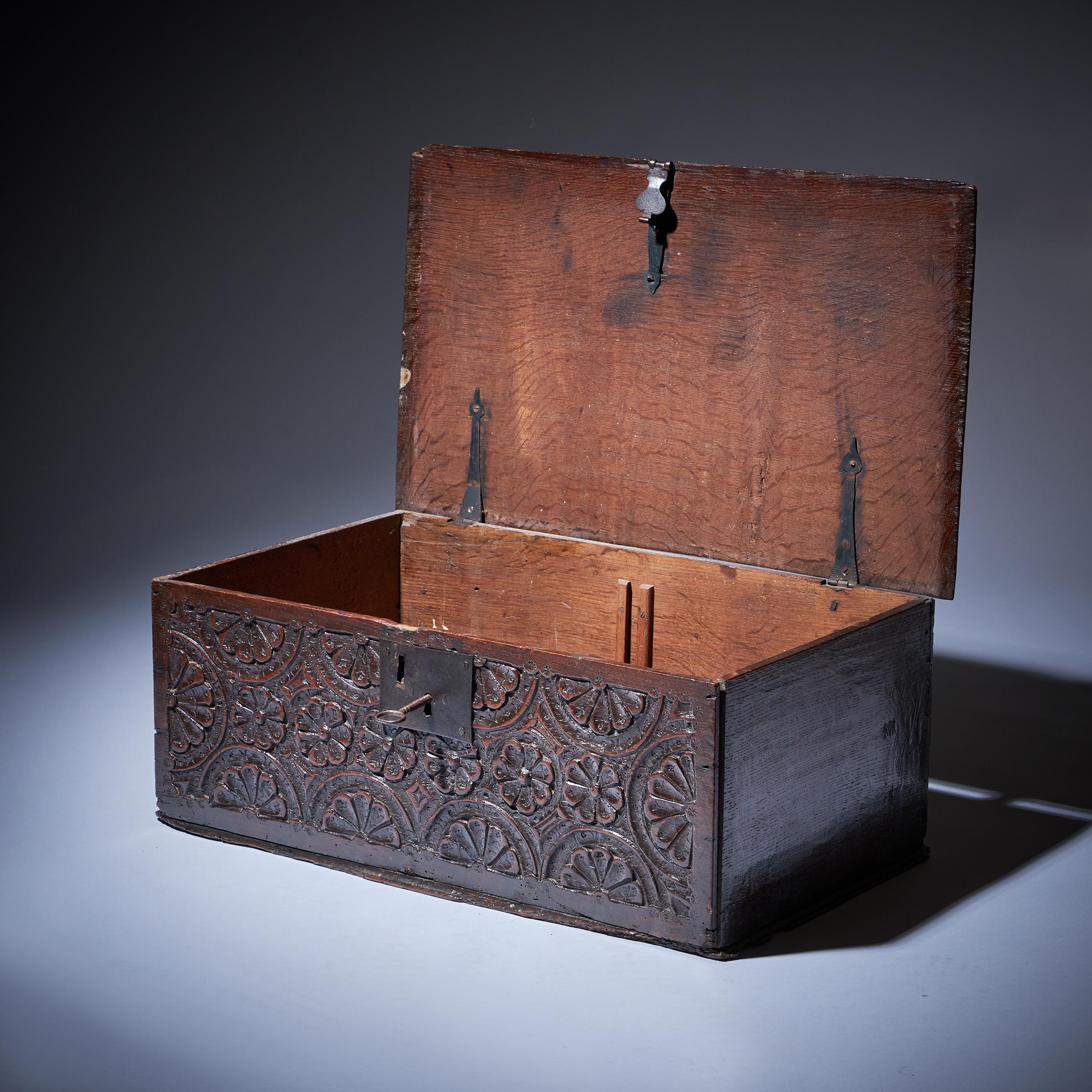 English 17th Century Charles I Carved Oak Box with Original Iron Clasp and Staple Lock For Sale