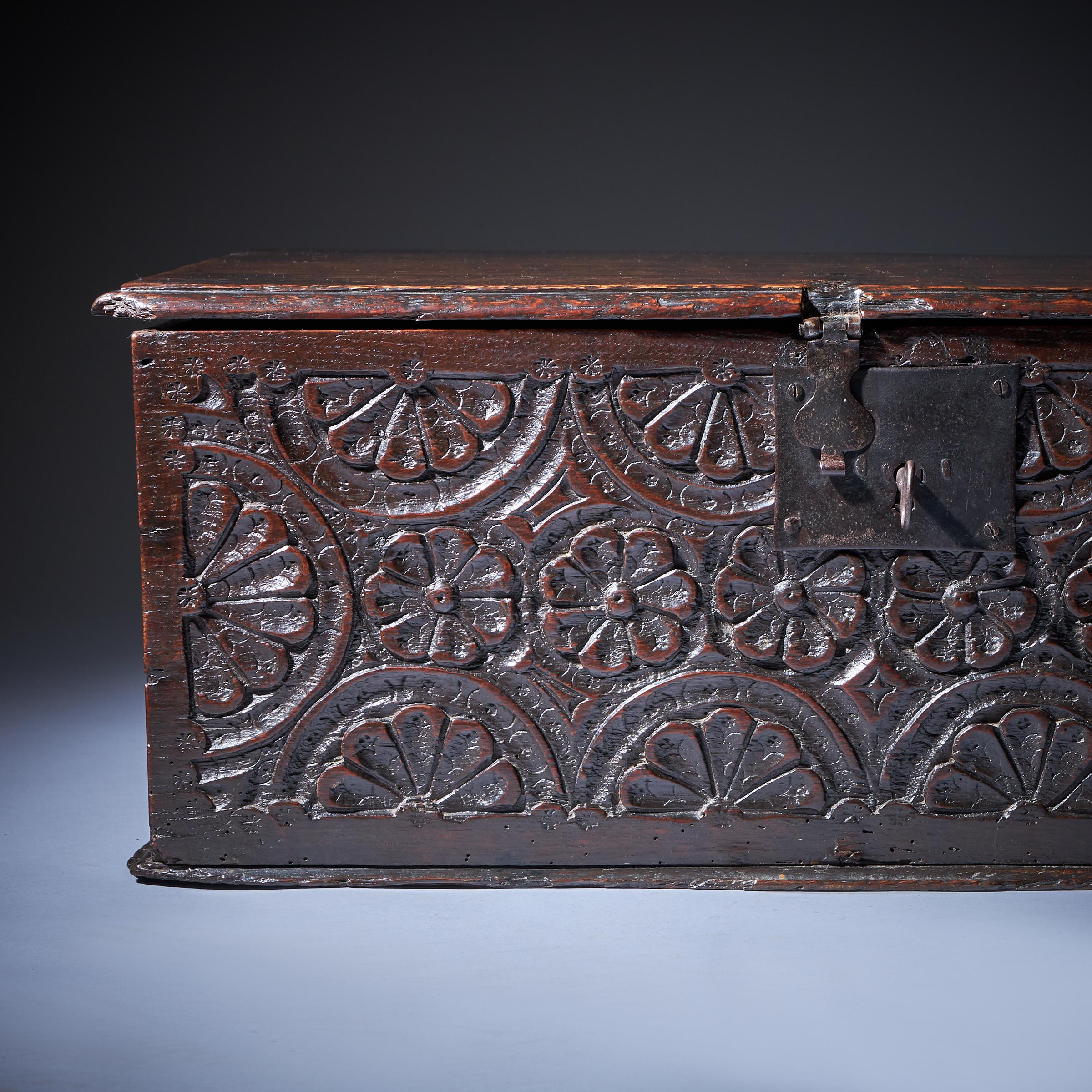 17th Century Charles I Carved Oak Box with Original Iron Clasp and Staple Lock In Good Condition For Sale In Oxfordshire, United Kingdom
