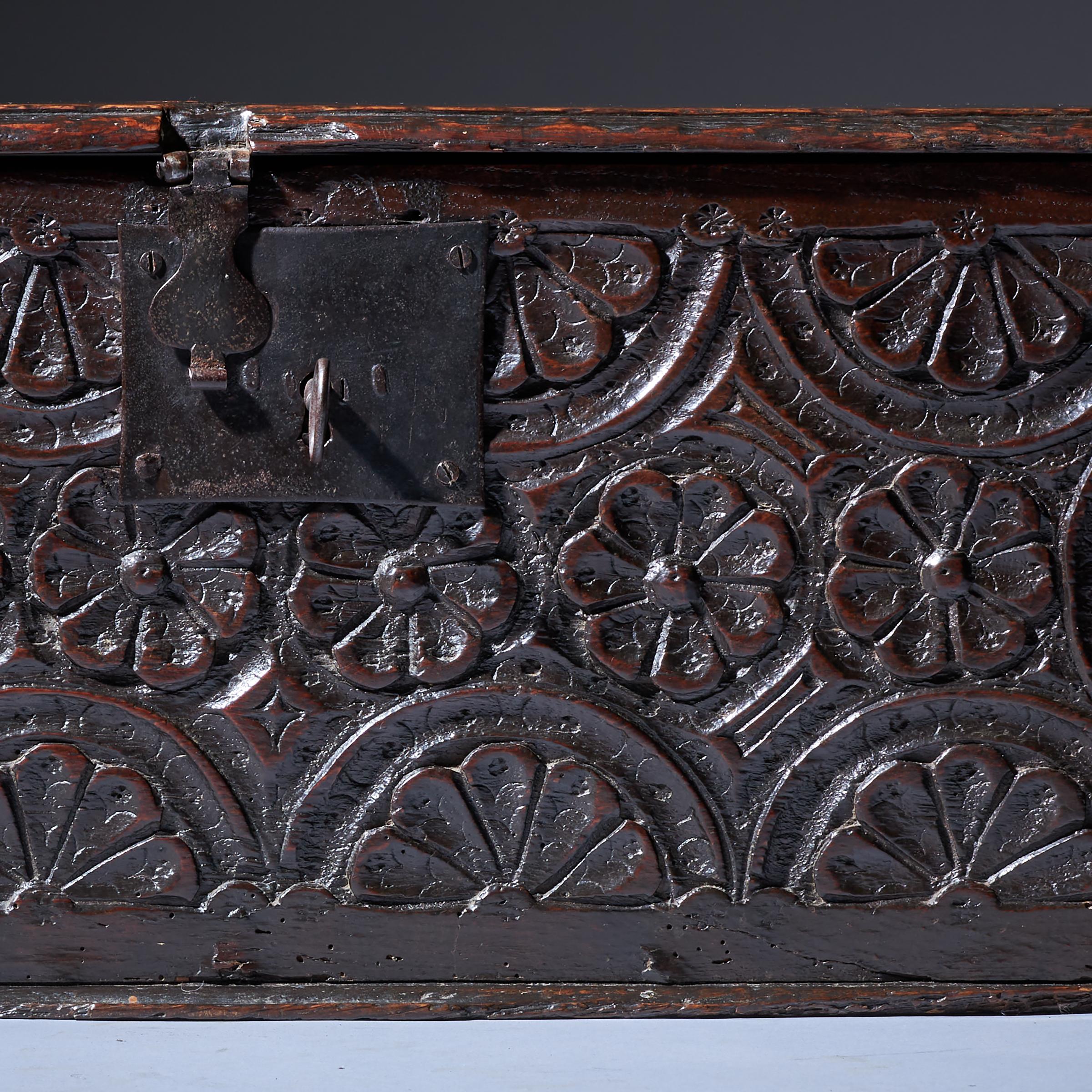 17th Century Charles I Carved Oak Box with Original Iron Clasp and Staple Lock For Sale 1