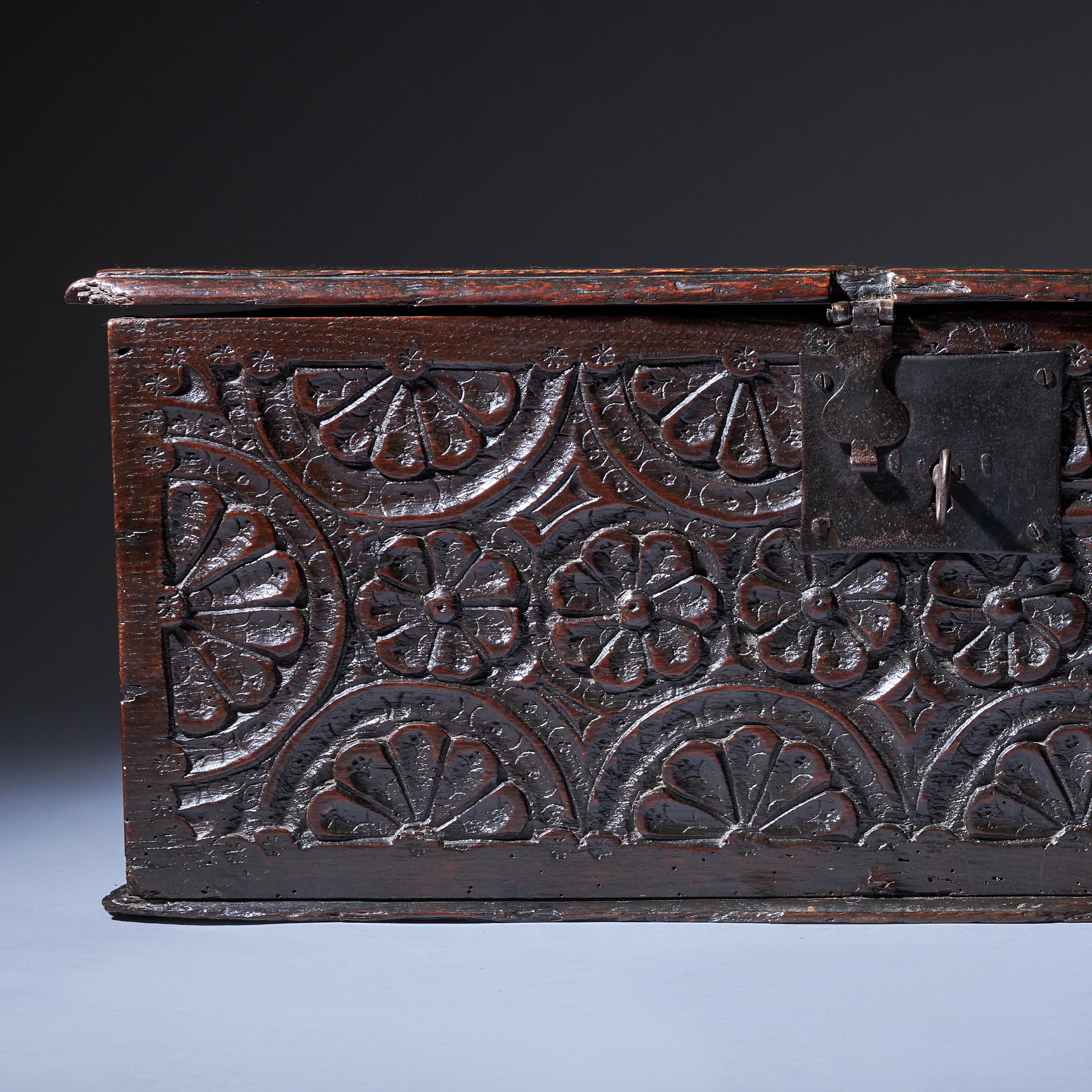 17th Century Charles I Carved Oak Box with Original Iron Clasp and Staple Lock For Sale 2