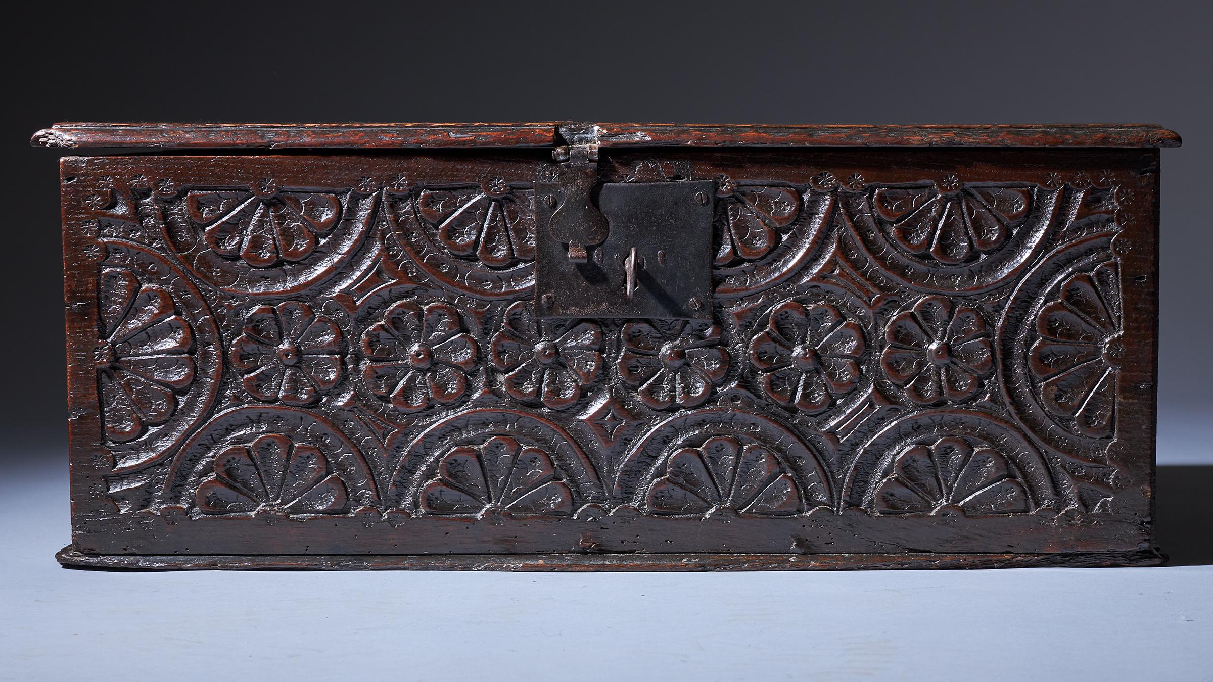 17th Century Charles I Carved Oak Box with Original Iron Clasp and Staple Lock For Sale 3