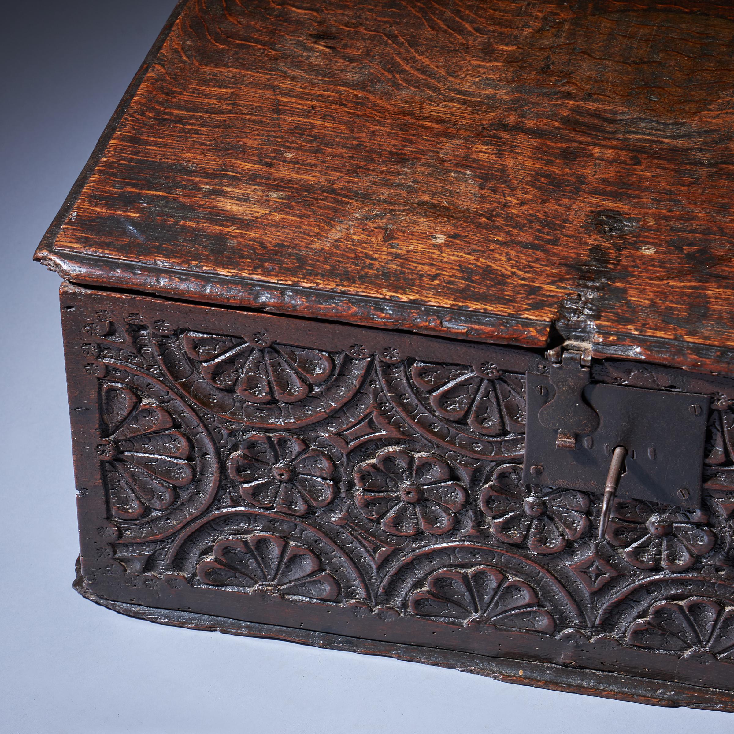 17th Century Charles I Carved Oak Box with Original Iron Clasp and Staple Lock For Sale 4