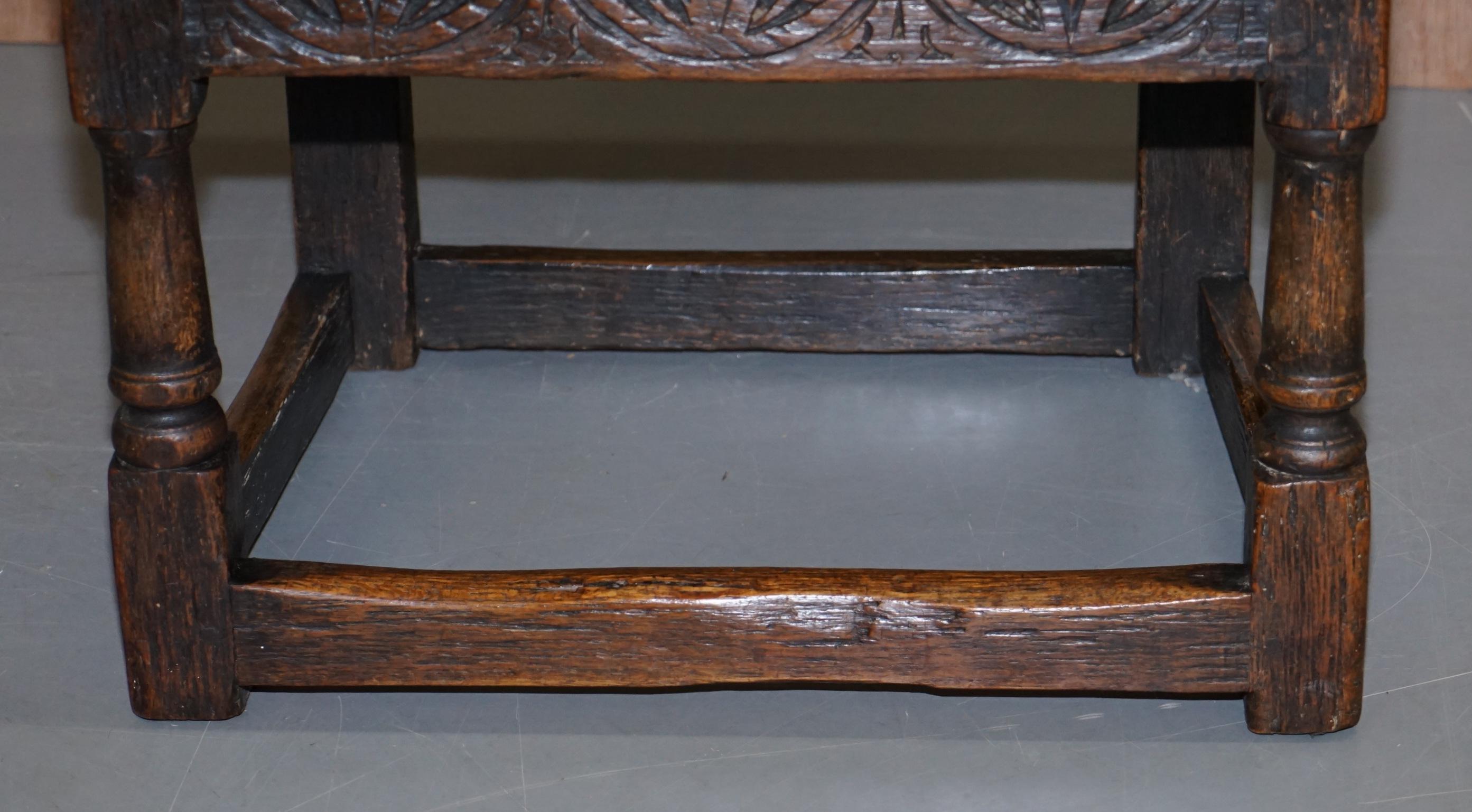 17th Century Charles I English Oak Wainscot Armchair Primate Design Hand Carved 5