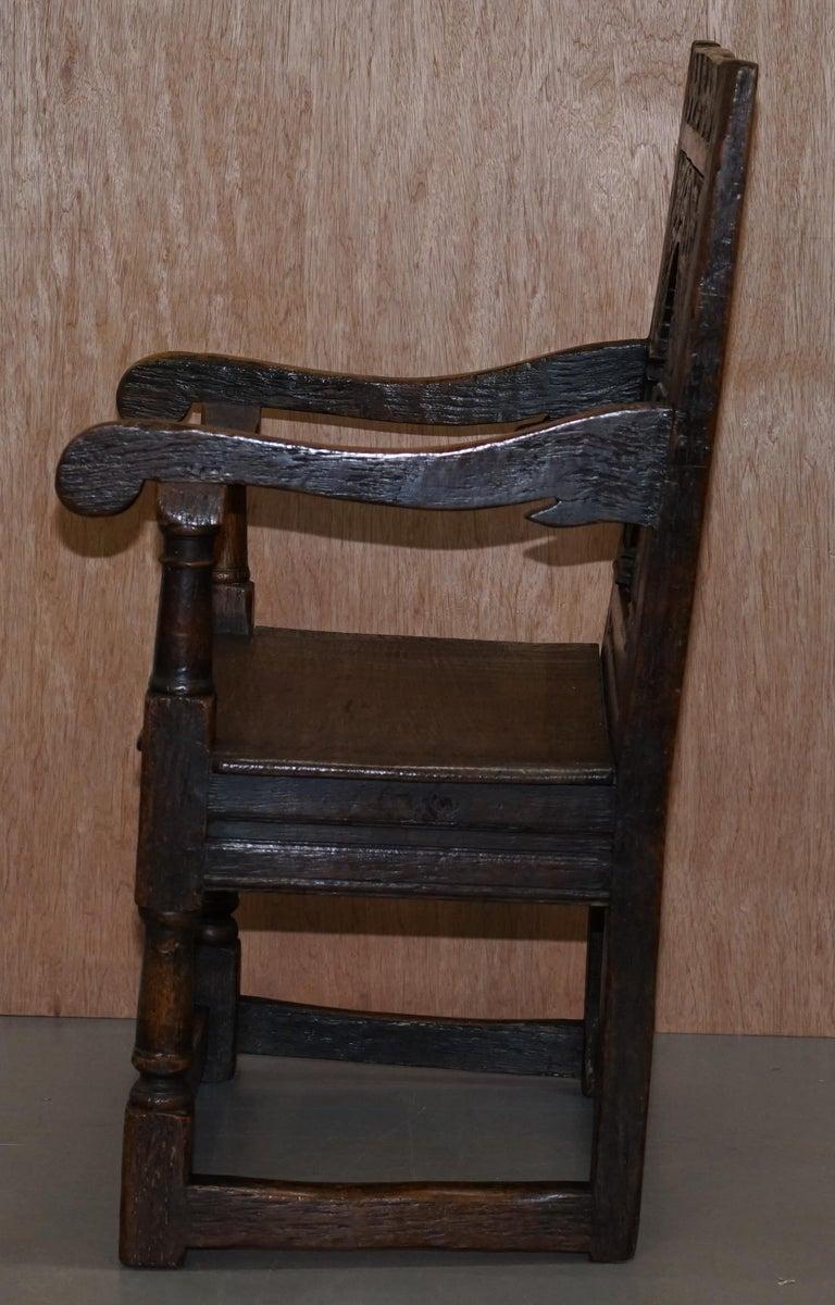 17th Century Charles I English Oak Wainscot Armchair Primate Design Hand Carved For Sale 5