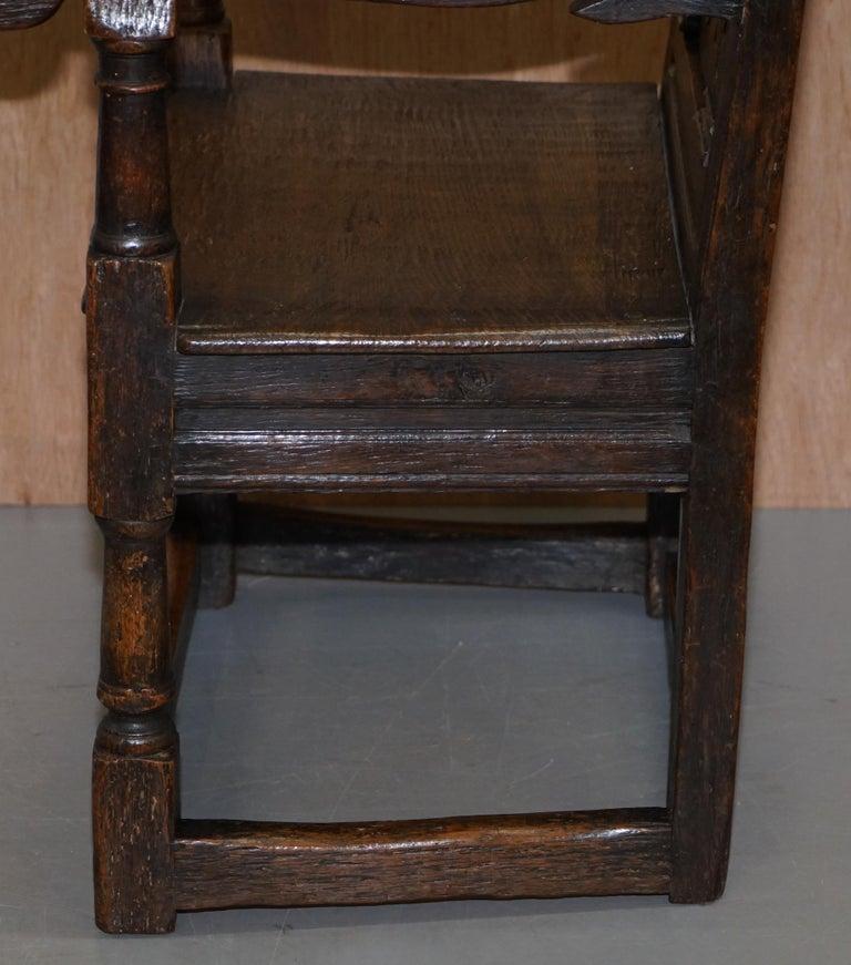 17th Century Charles I English Oak Wainscot Armchair Primate Design Hand Carved For Sale 6