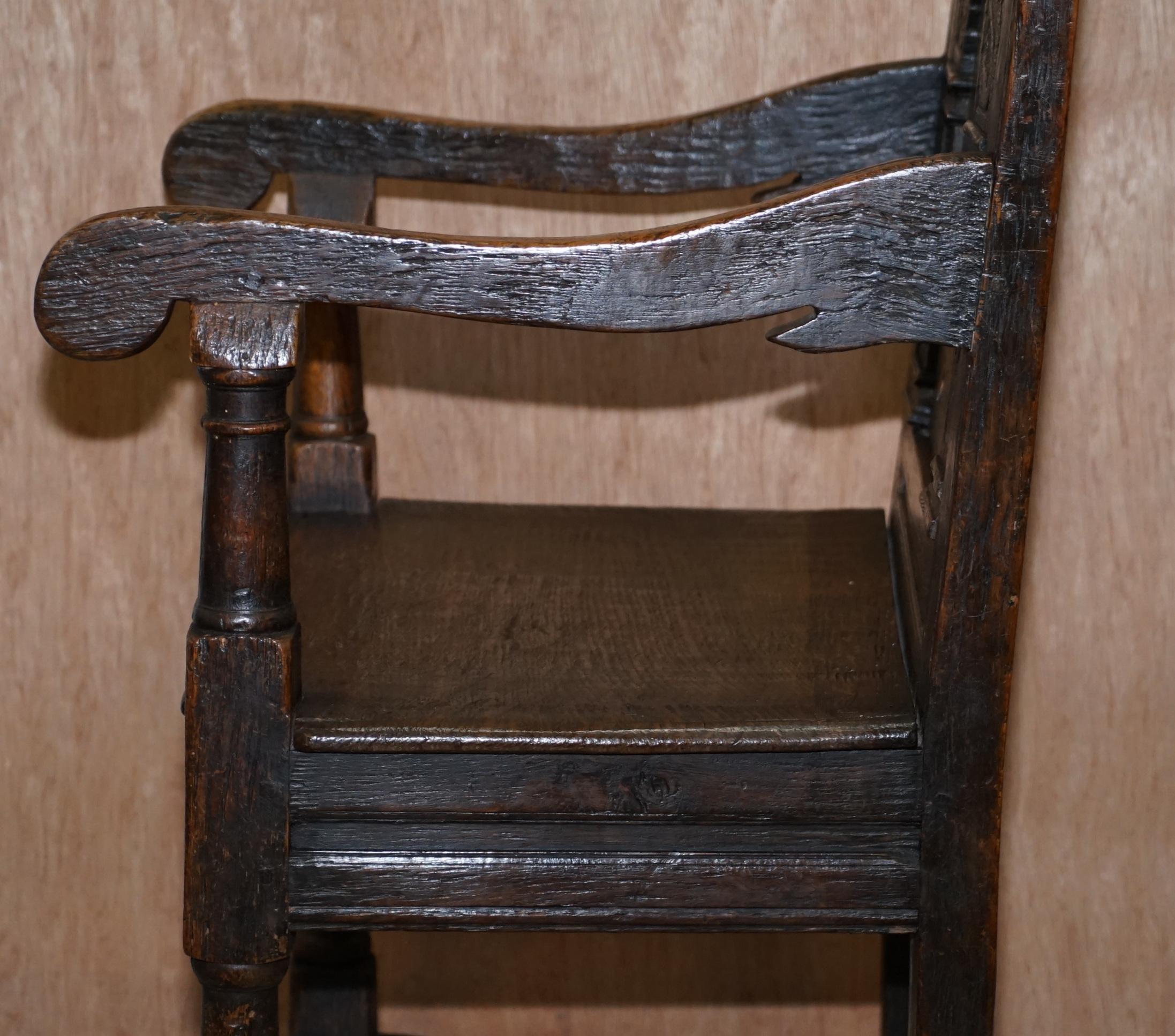 17th Century Charles I English Oak Wainscot Armchair Primate Design Hand Carved 12